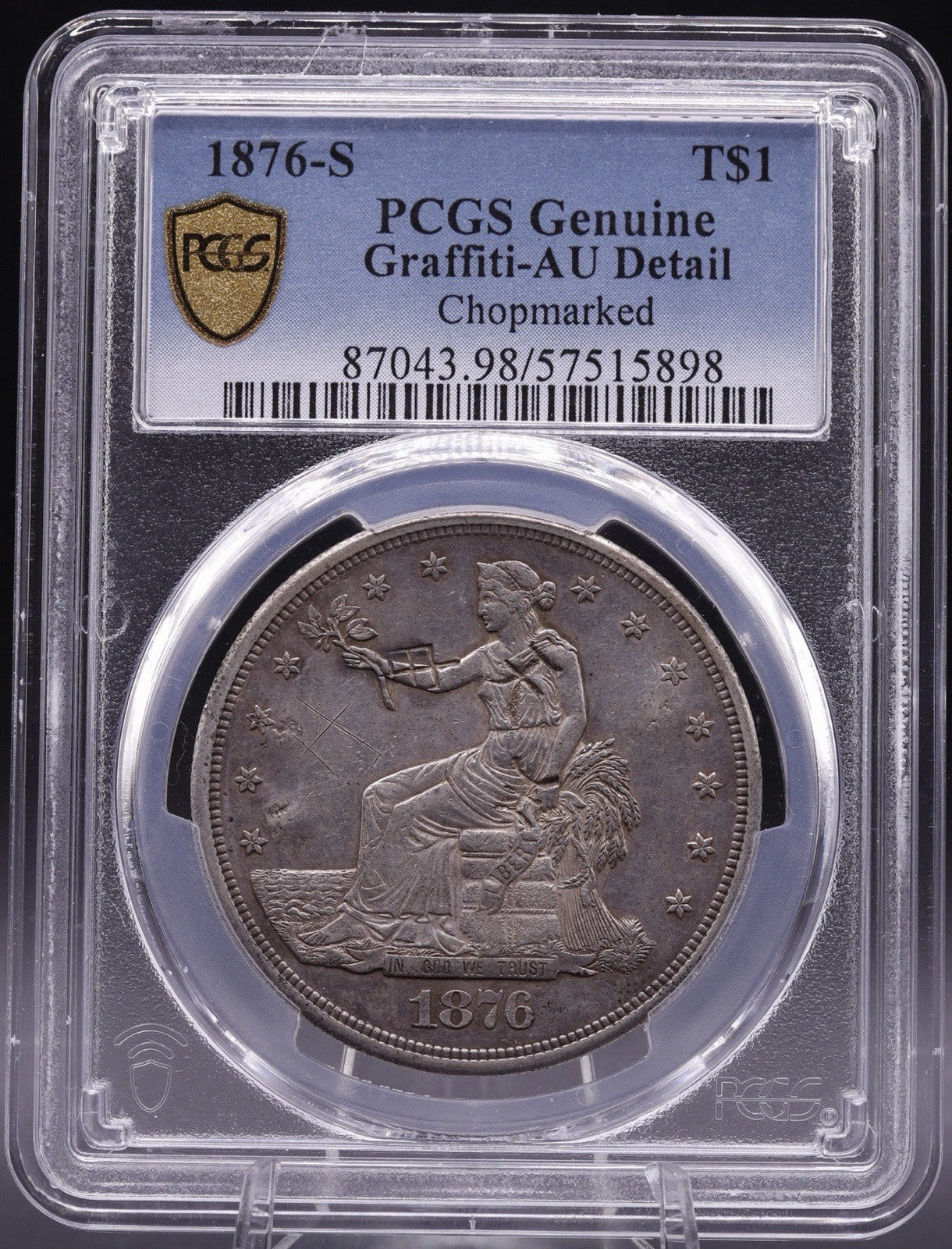1876-S Trade Dollar T$1 Silver PCGS Genuine Chopmarked Graffiti AU Detail
