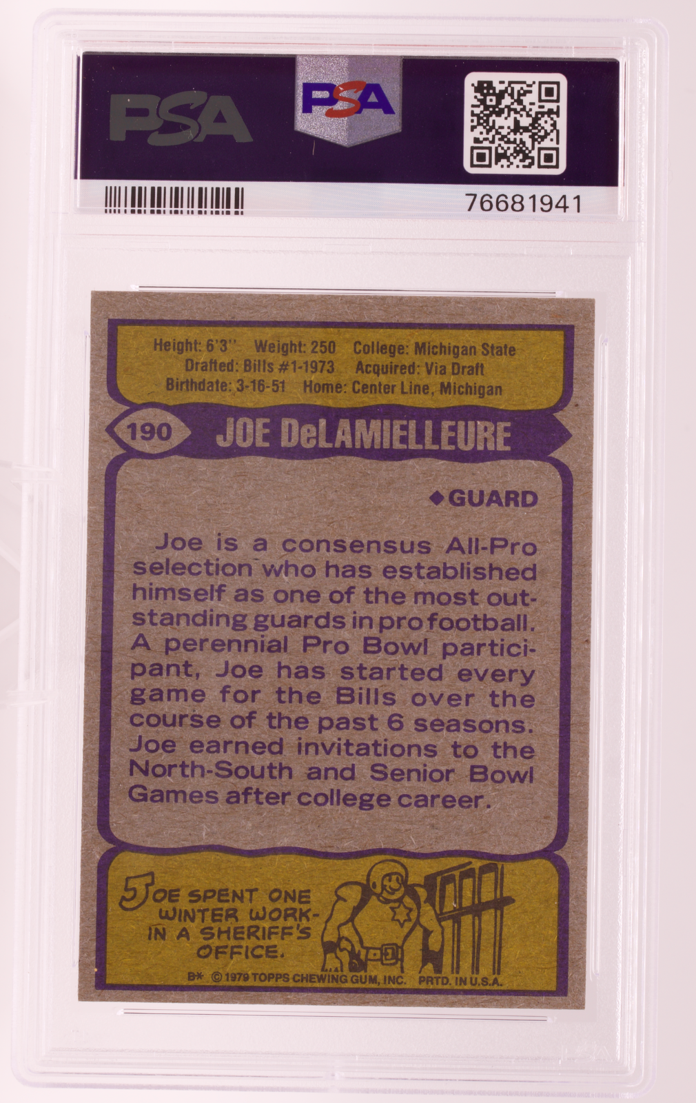 1979 Topps #190 Joe DeLamielleure PSA 8 NM-MT Buffalo Bills HOF All Pro Guard