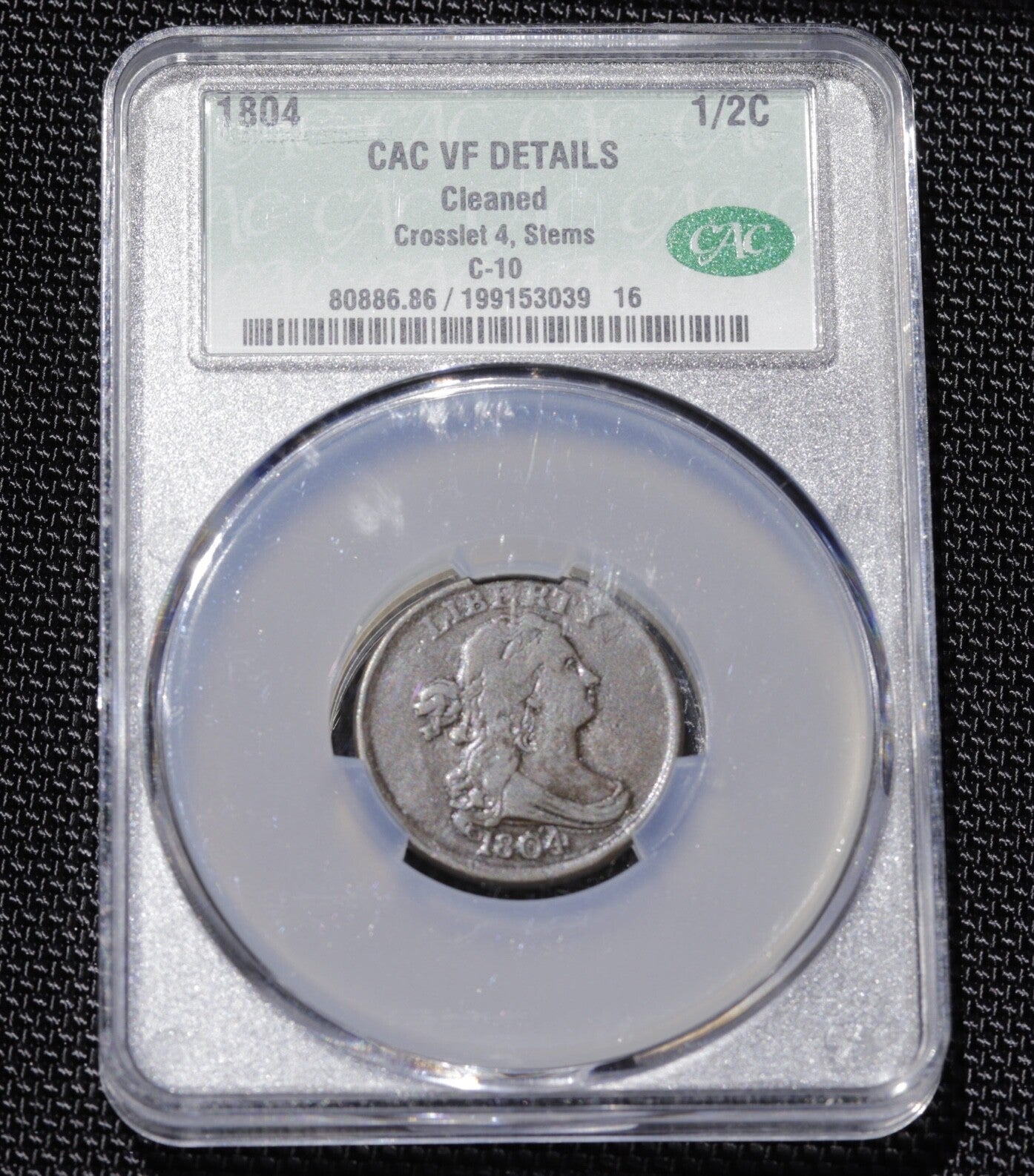 1804 Draped Bust Half Cent CAC VF Details • Cleaned • Crosslet 4, Stems • C-10
