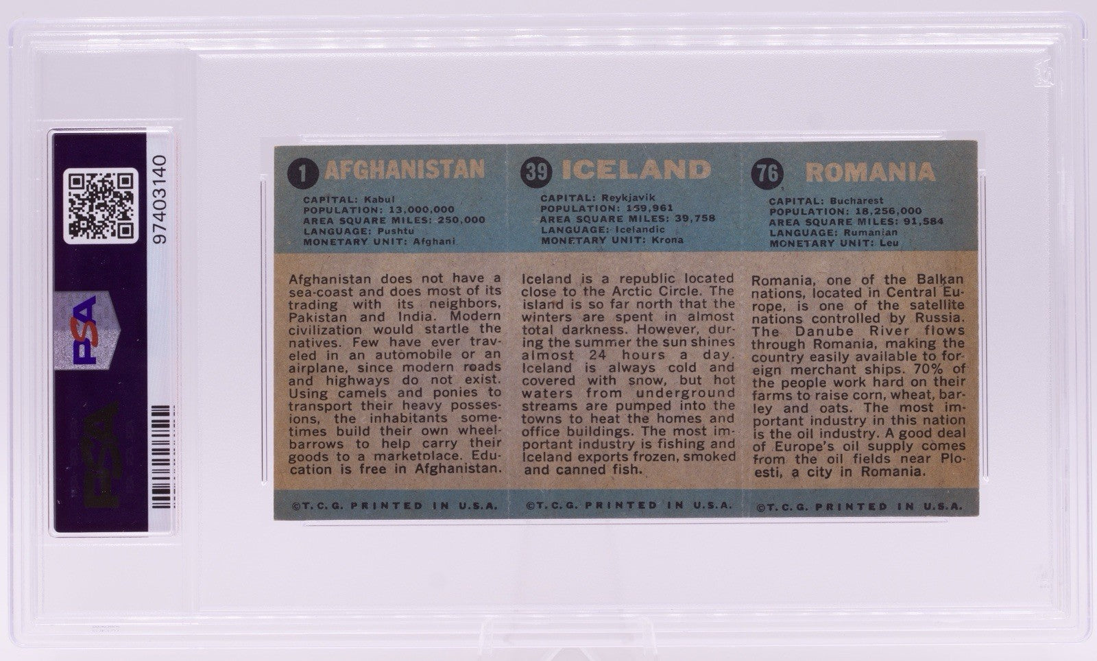 Flag Midgee 1963 Romania/Iceland/Afghanistan 3-Card Strip PSA EX 5 Vintage