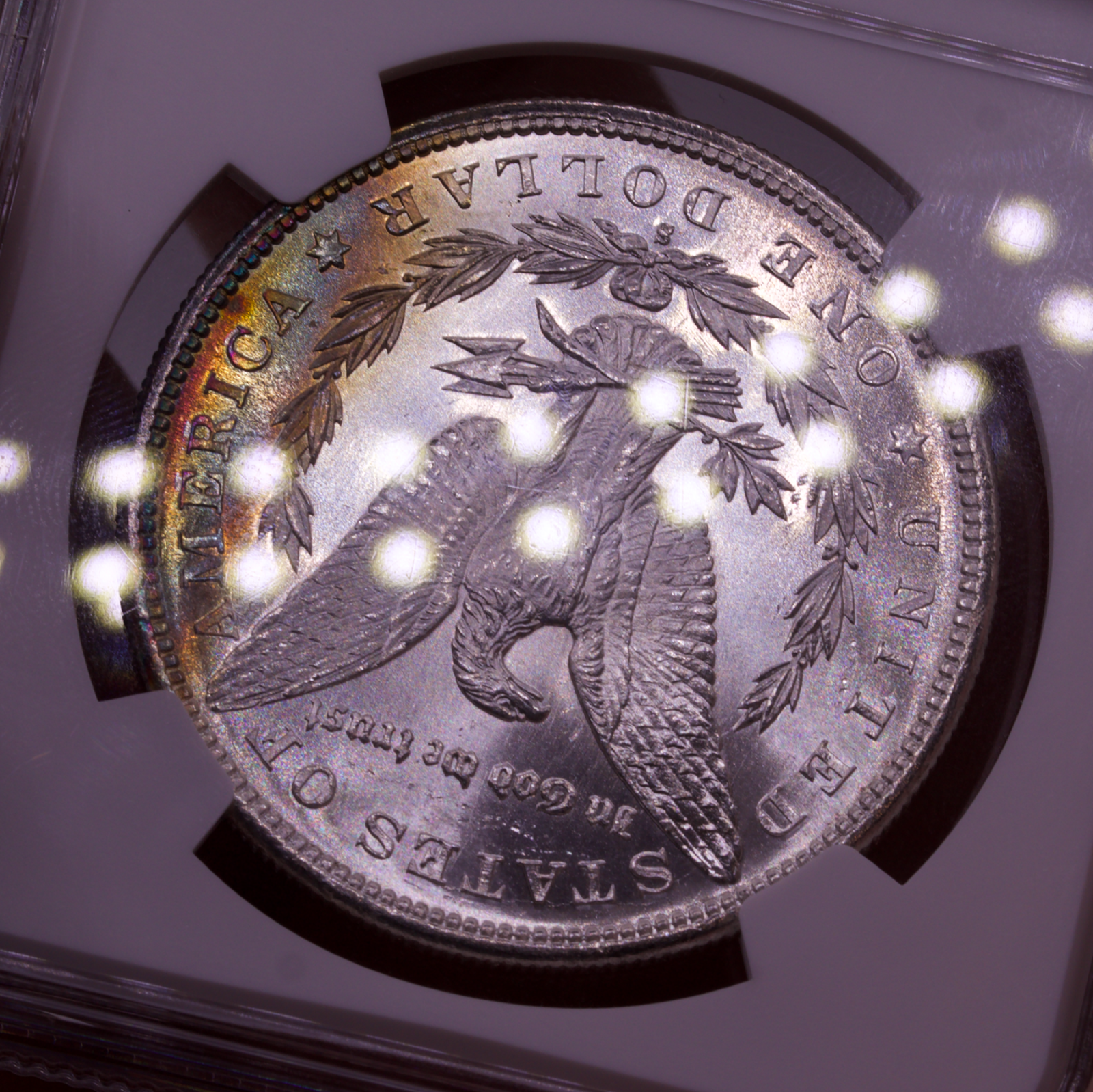 1881-S Morgan Dollar NGC MS64 Blast White Obverse Rainbow Rim Reverse Toned