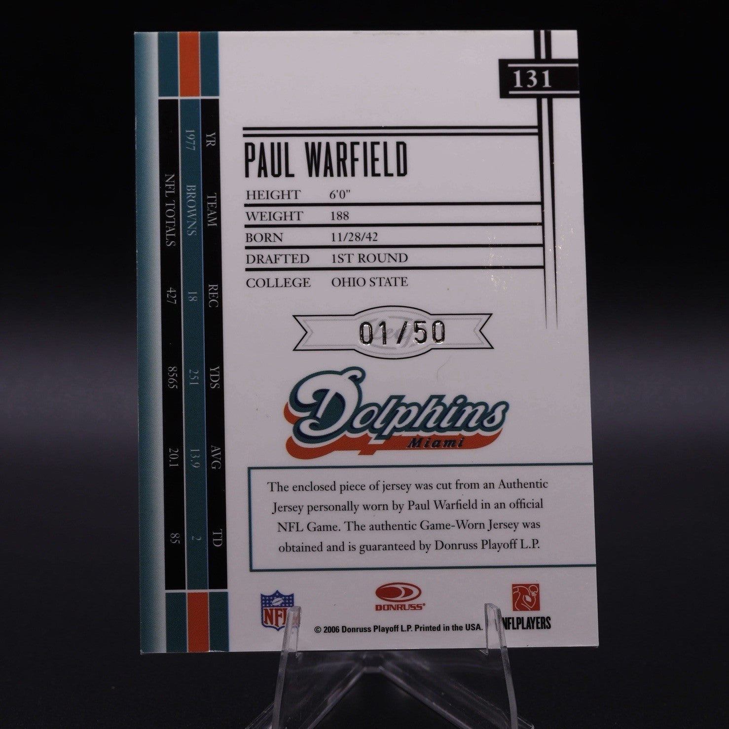 2006 Leaf Limited Paul Warfield Game-Worn Jersey /50 Dolphins • HOF WR