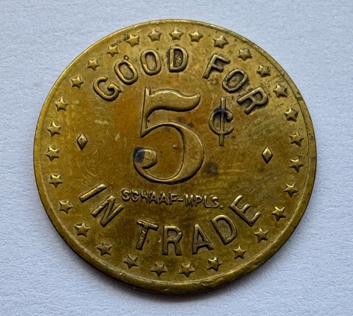 Elmer’s Bar 5¢ Trade Token Le Center MN – Vintage Brass Token EF+