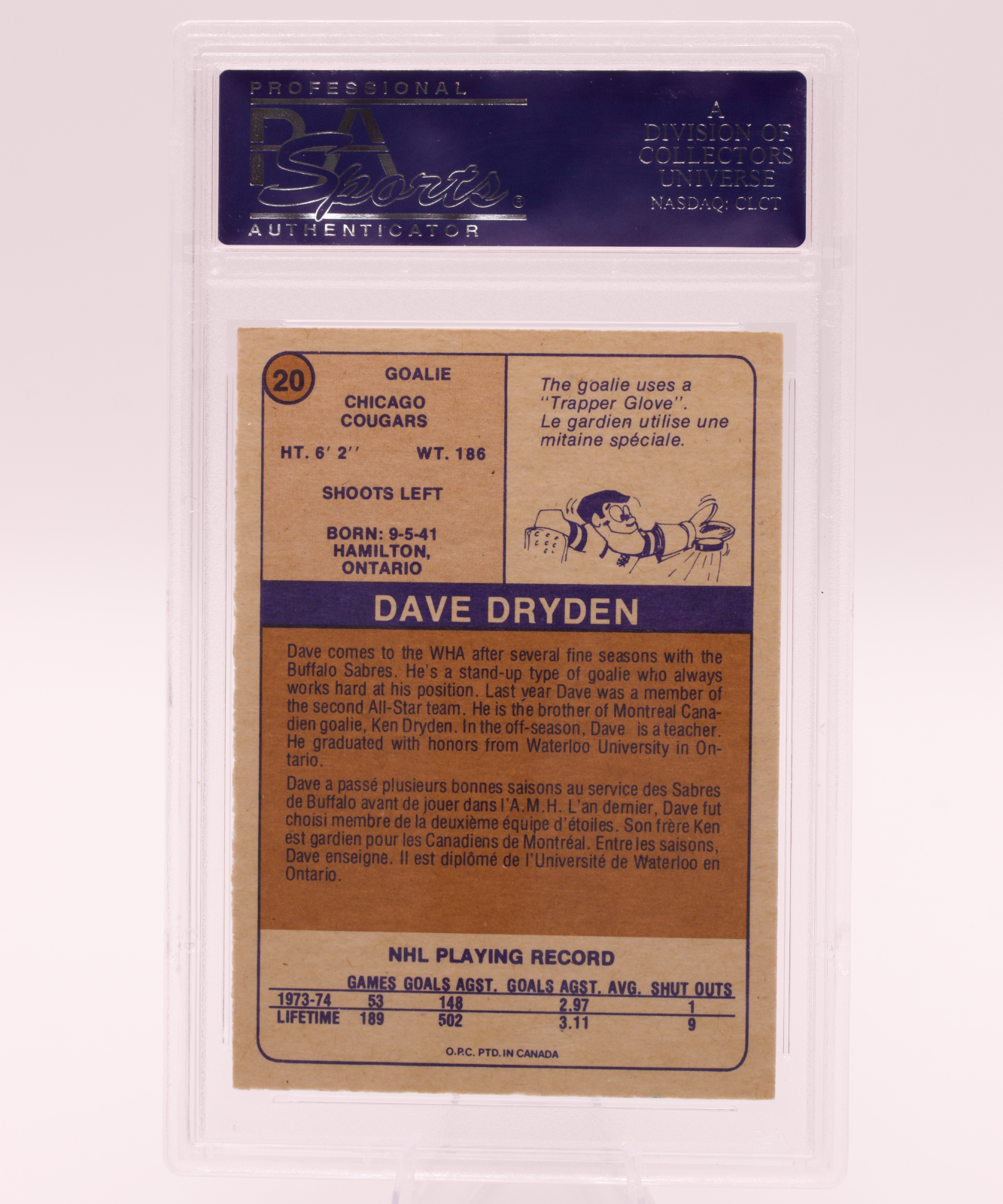1974 O-Pee-Chee WHA Dave Dryden #20 PSA 7 NM Chicago Cougars Goalie Vintage OPC