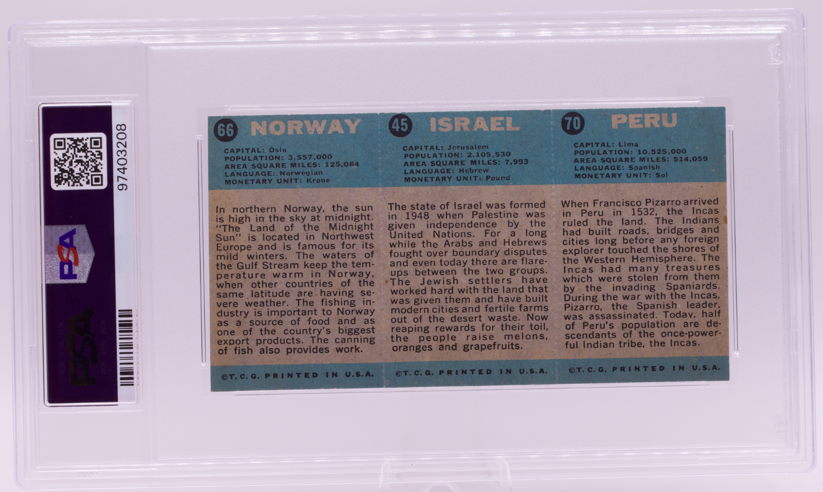 1963 Flag Midgee Cards Peru Israel Norway PSA VG 3 Uncut Strip