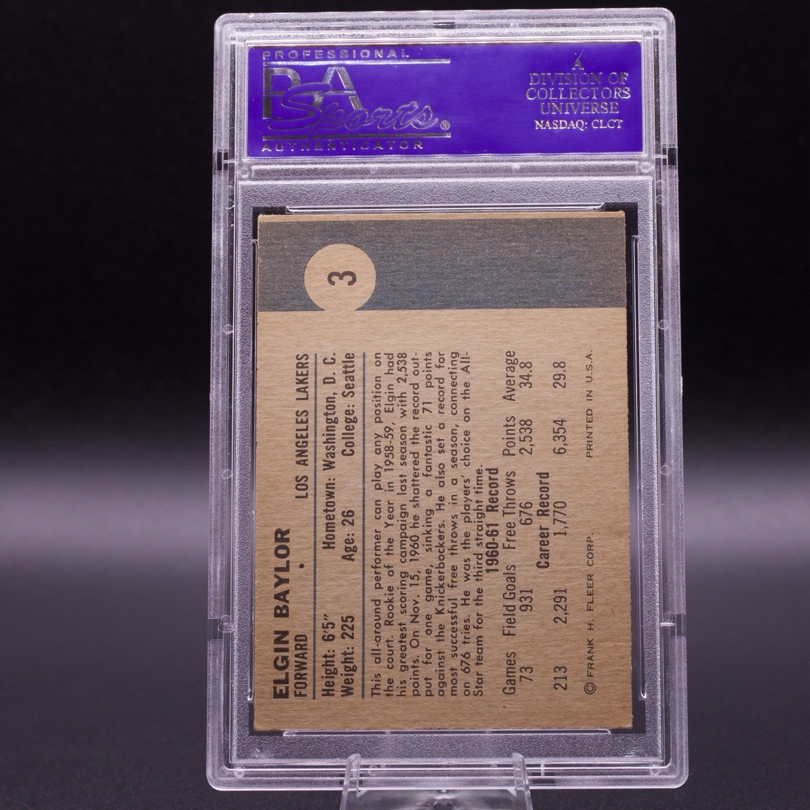 1961 Fleer #3 Elgin Baylor Lakers HOF RC PSA 6 EX-MT (OC) Vintage Basketball