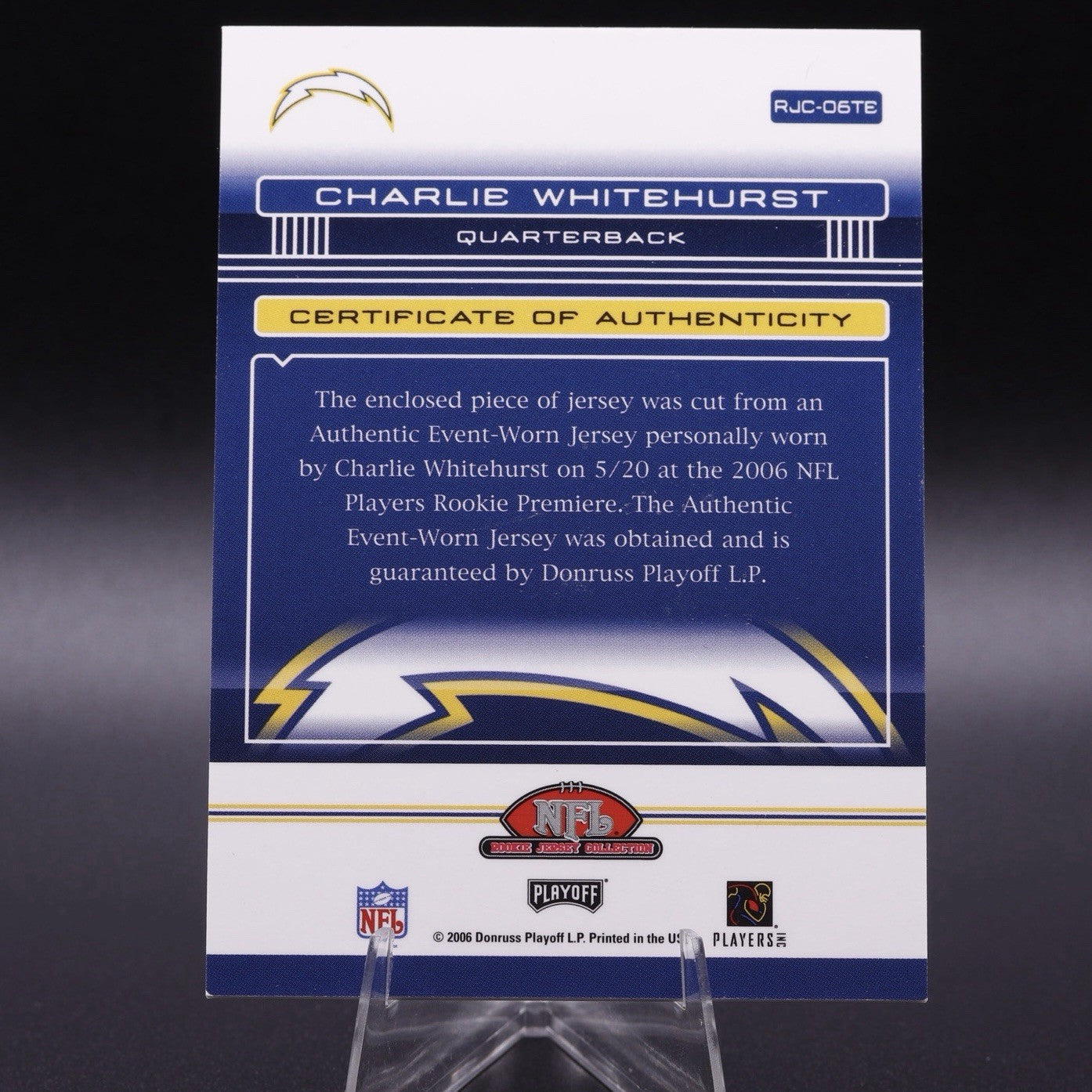 2006 Absolute Memorabilia Charlie Whitehurst Rookie Event Worn Jersey Chargers