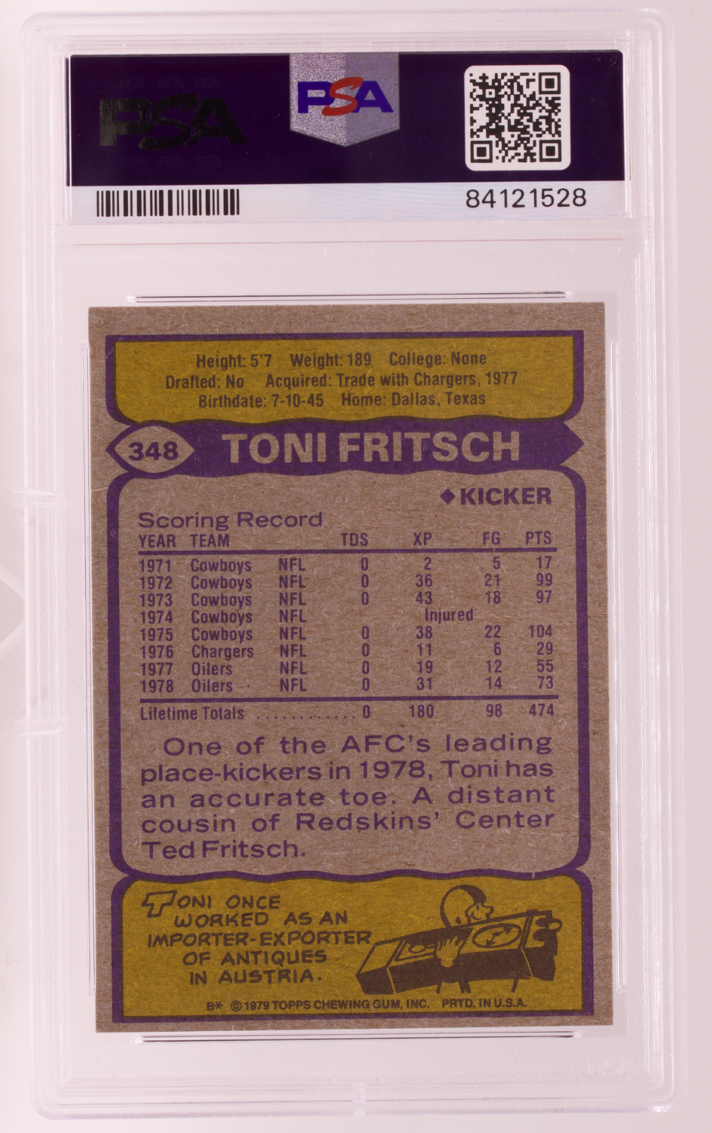 1979 Topps #348 Toni Fritsch PSA 8 NM-MT Houston Oilers Kicker Vintage Football