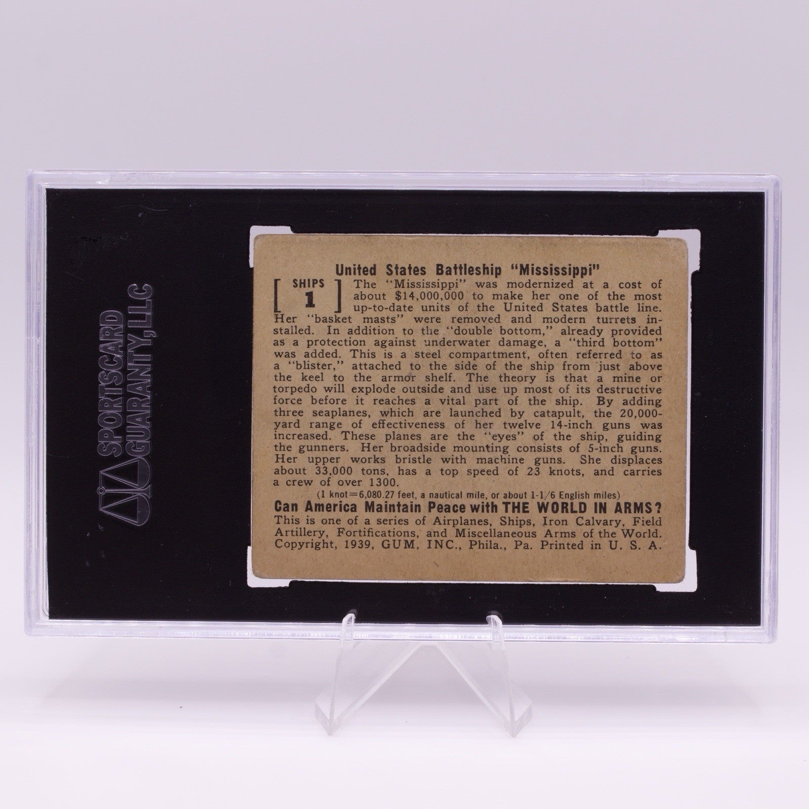 1939 Gum Inc World in Arms Ships #1 US Battleship Mississippi SGC 2.5 GOOD+