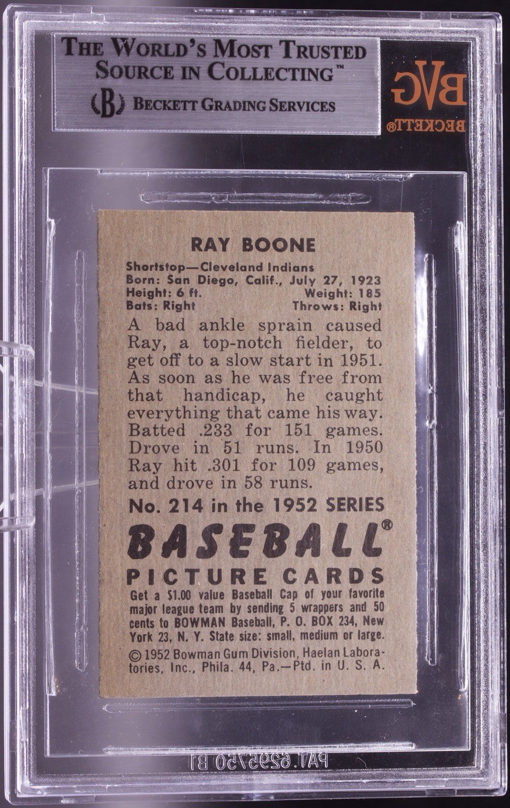 1952 Bowman Ray Boone #214 BVG 8.5 NM-MT+ Boone Family Patriarch High Grade