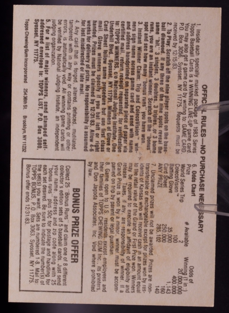1983 Topps Line-Up Baseball Scratch-Off Game Card Unrubbed Prize