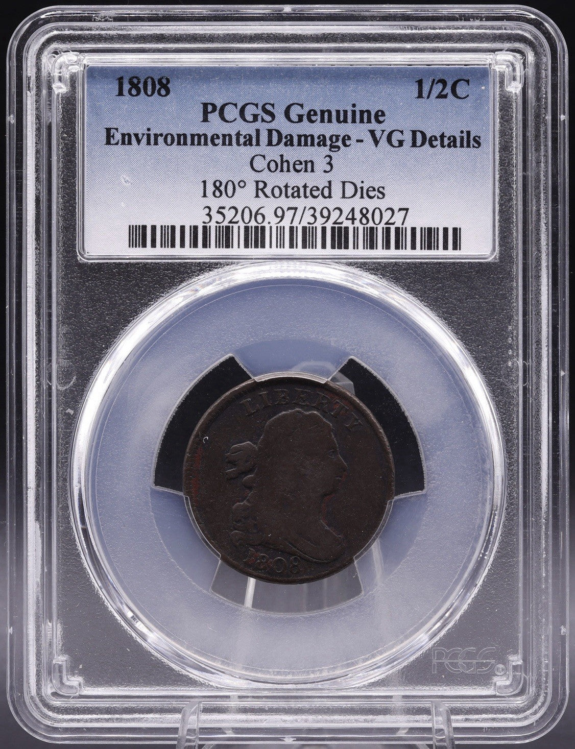 1808 Draped Bust Half Cent PCGS VG Details – Env. Damage – Rotated Dies C-3