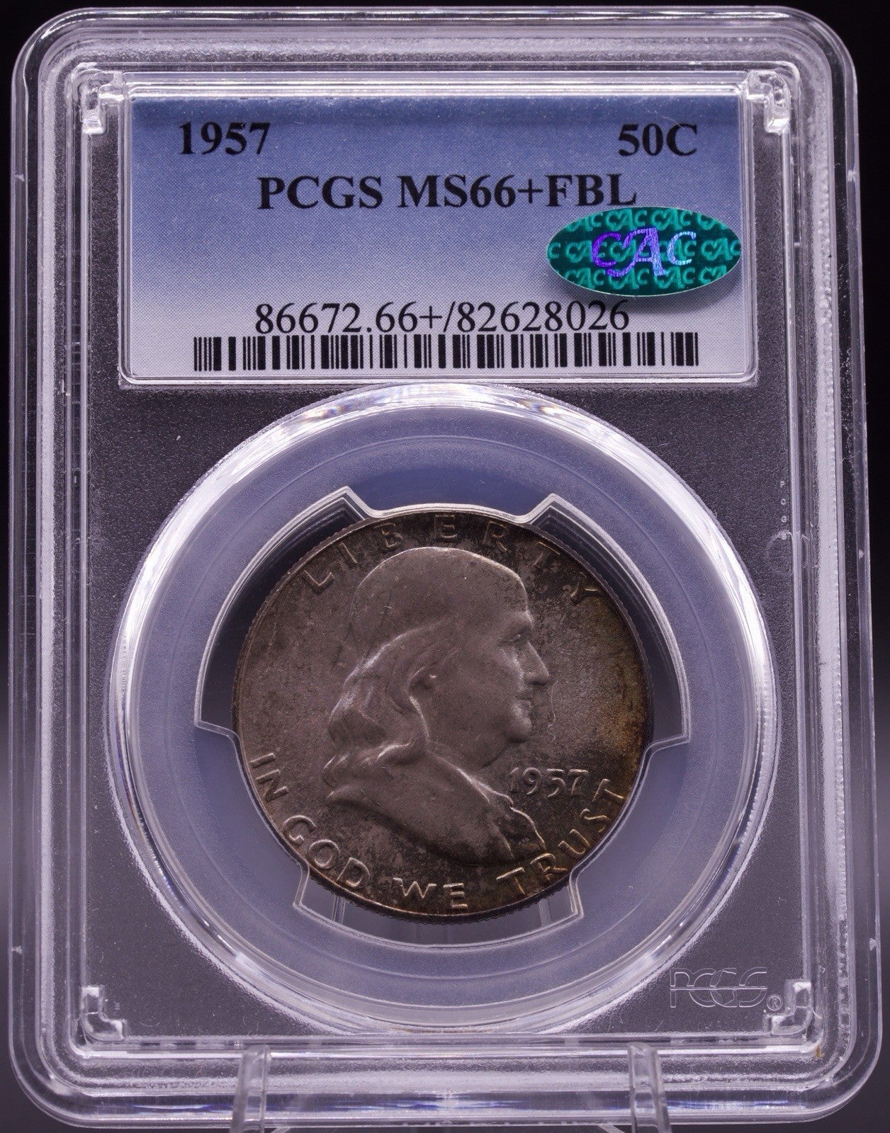 1957 Franklin Half Dollar PCGS MS66+ FBL CAC - Subtle Golden Rim Toning