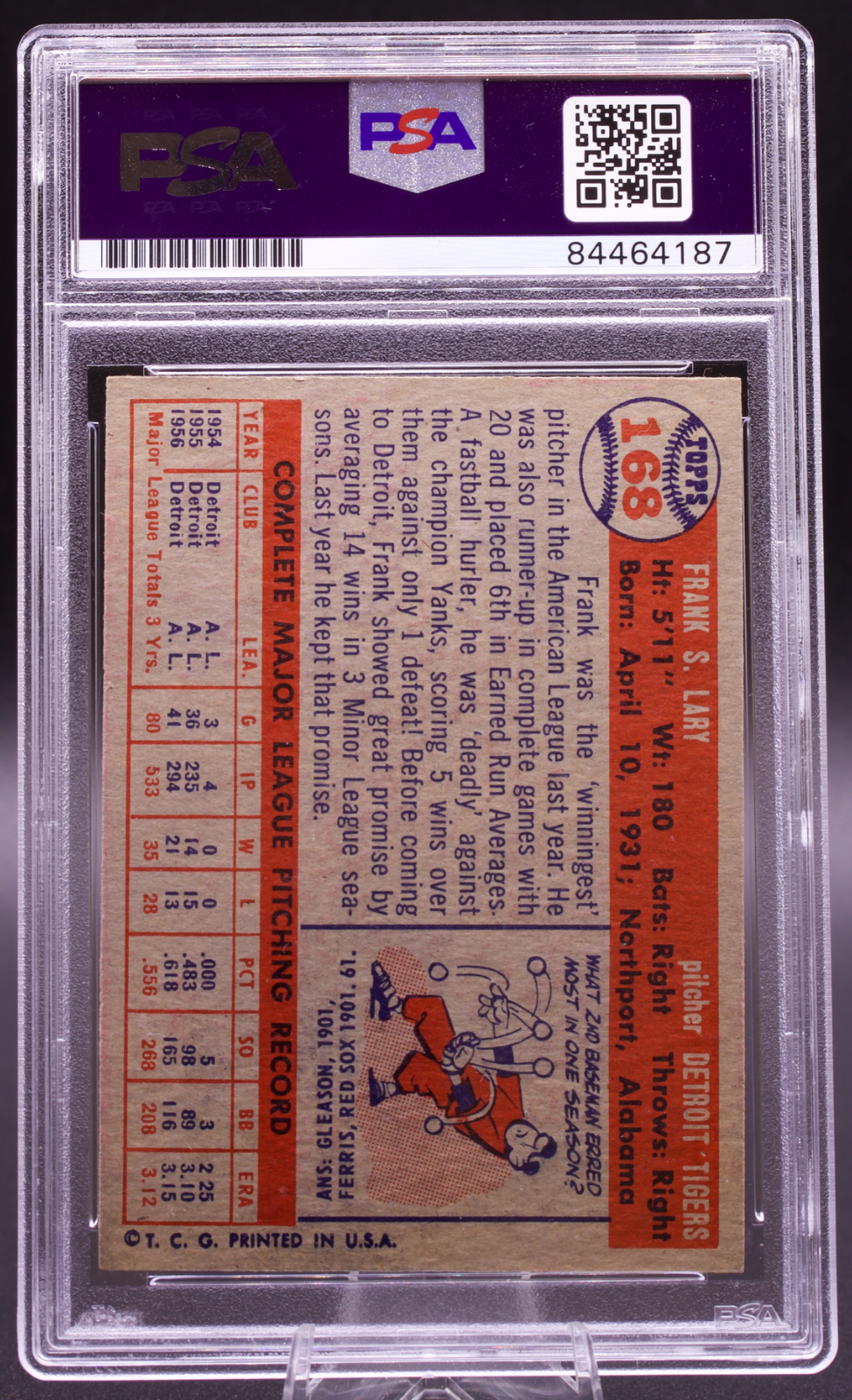 1957 Topps Frank Lary #168 PSA Authentic Auto Signed Detroit Tigers Vintage