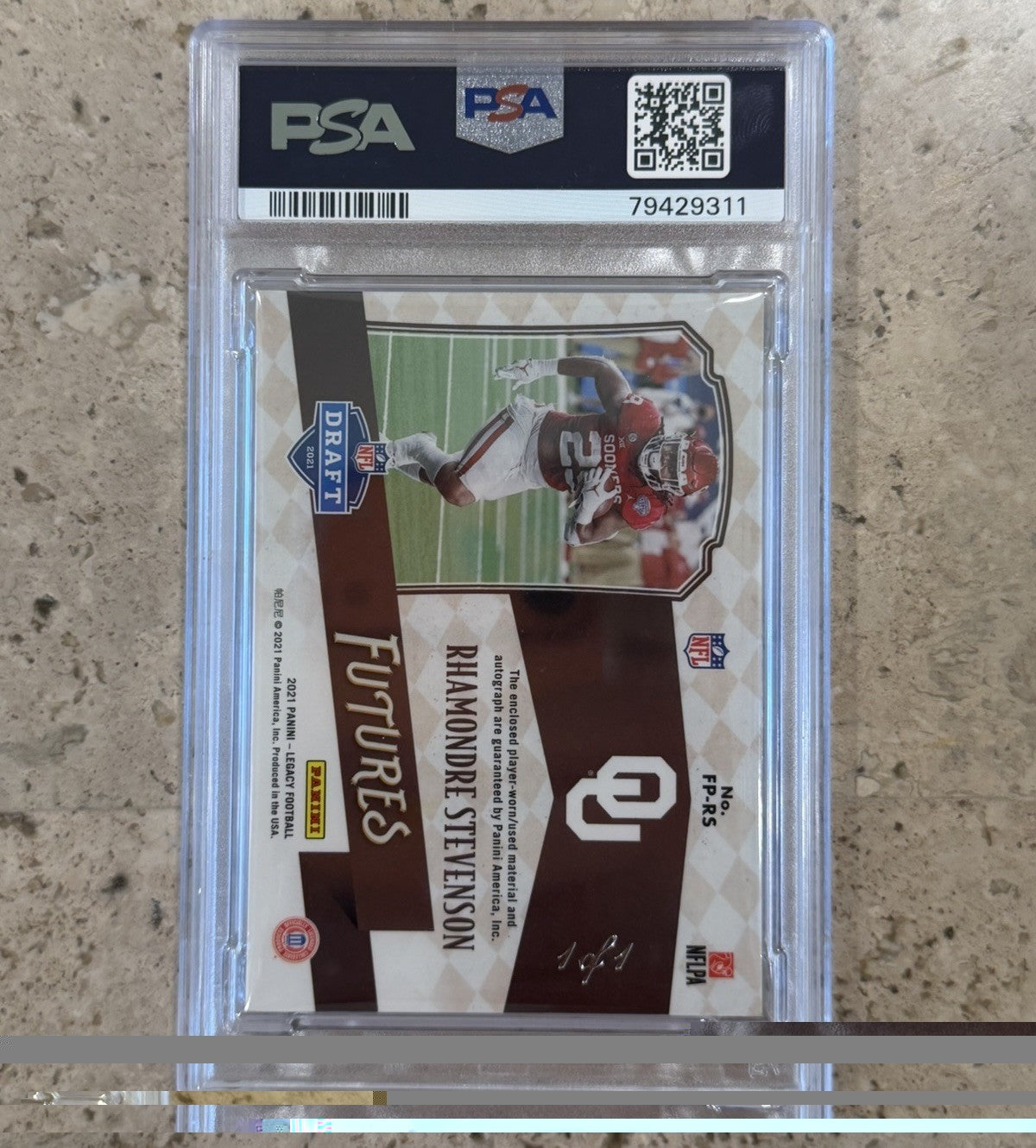 2021 Panini Legacy Rhamondre Stevenson Futures Patch Auto Platinum 1/1 PSA 9