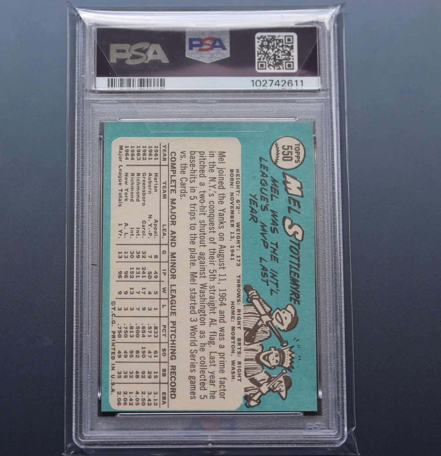 1965 Topps Mel Stottlemyre #550 PSA 8 NM-MT NY Yankees High # All-Star