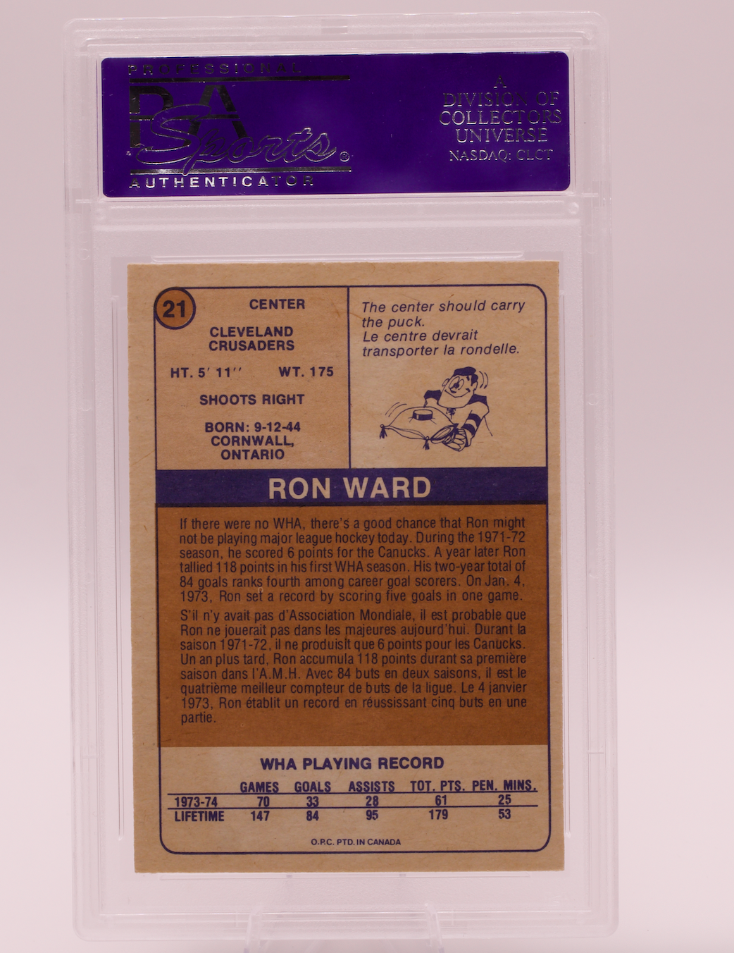 1974 O-Pee-Chee WHA Ron Ward #21 PSA 9 MINT Cleveland Crusaders Hockey Card