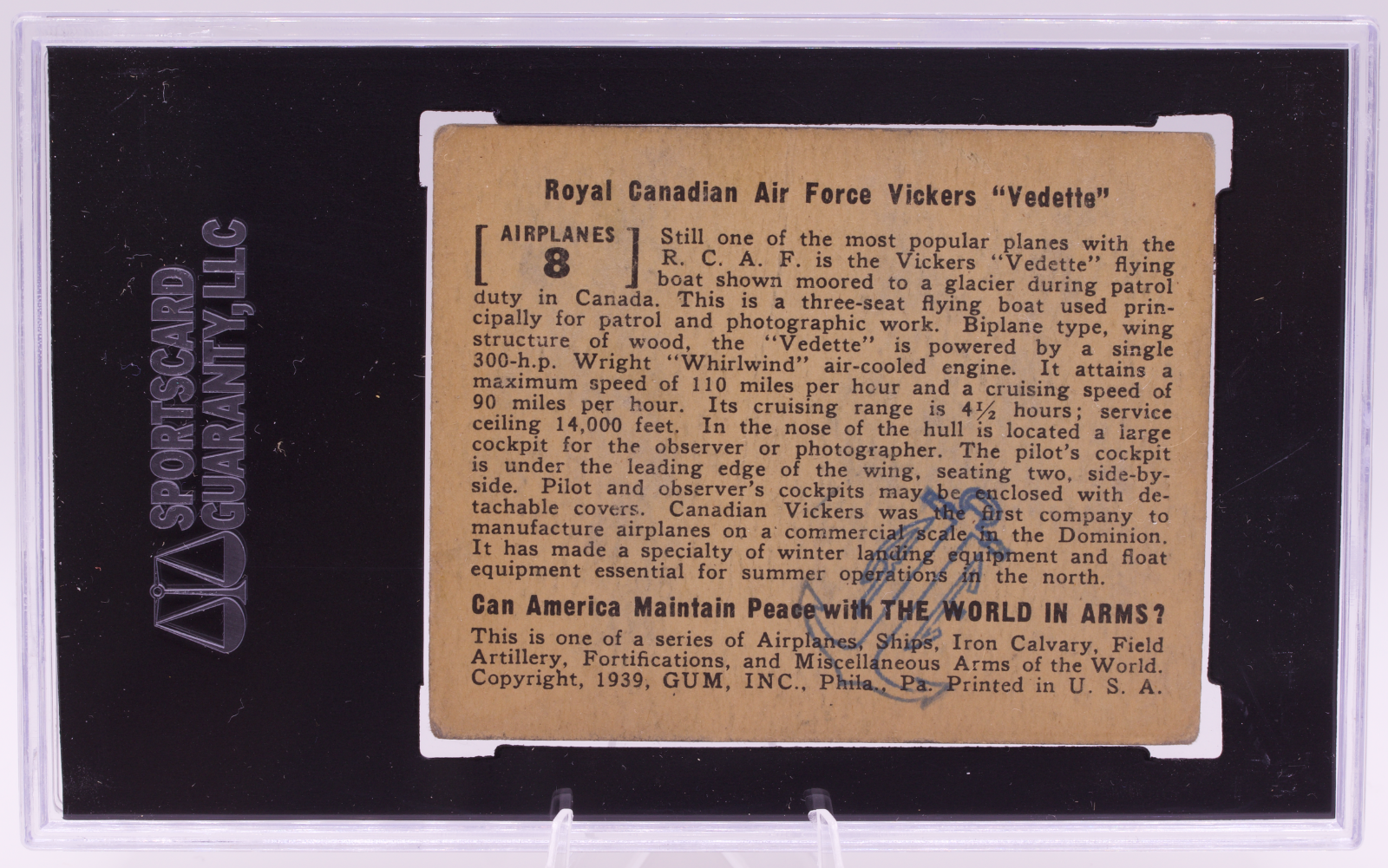 1939 Gum Inc World In Arms #8 Royal Canadian Air Force Vickers SGC 1.5 Fair WW2