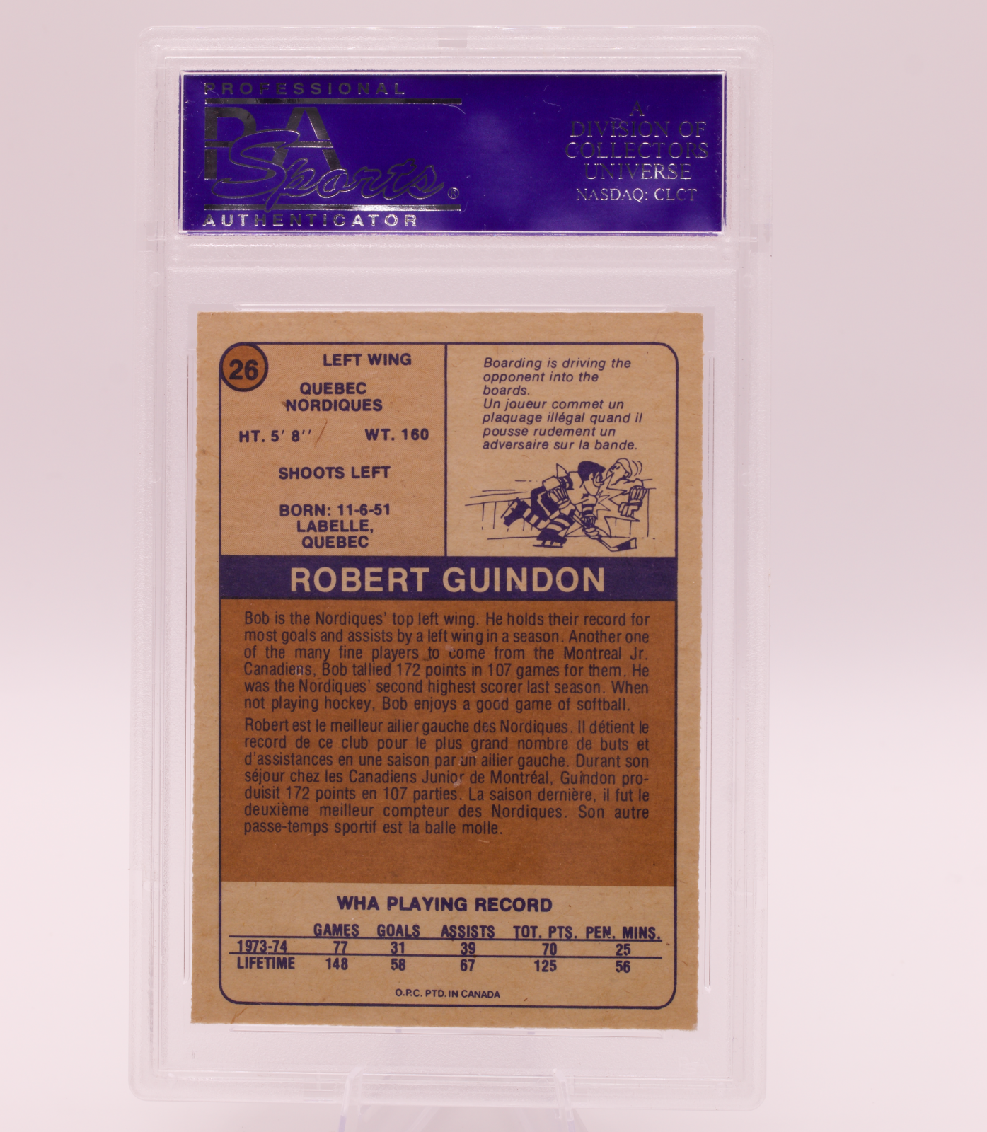1974 O-Pee-Chee WHA #26 Robert Guindon PSA 8 NM-MT Quebec Nordiques