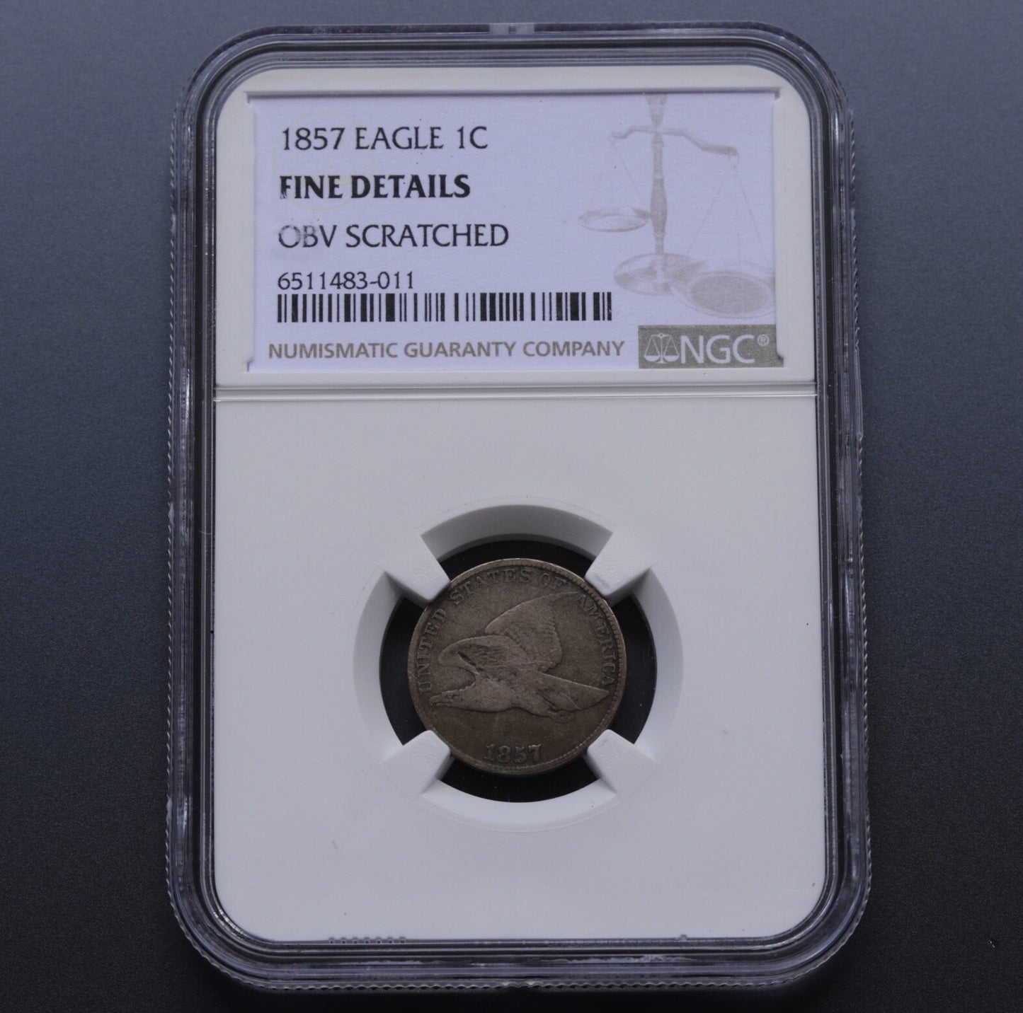 1857 Flying Eagle Cent NGC Fine Details Obv Scratched Small Cent 1C Coin