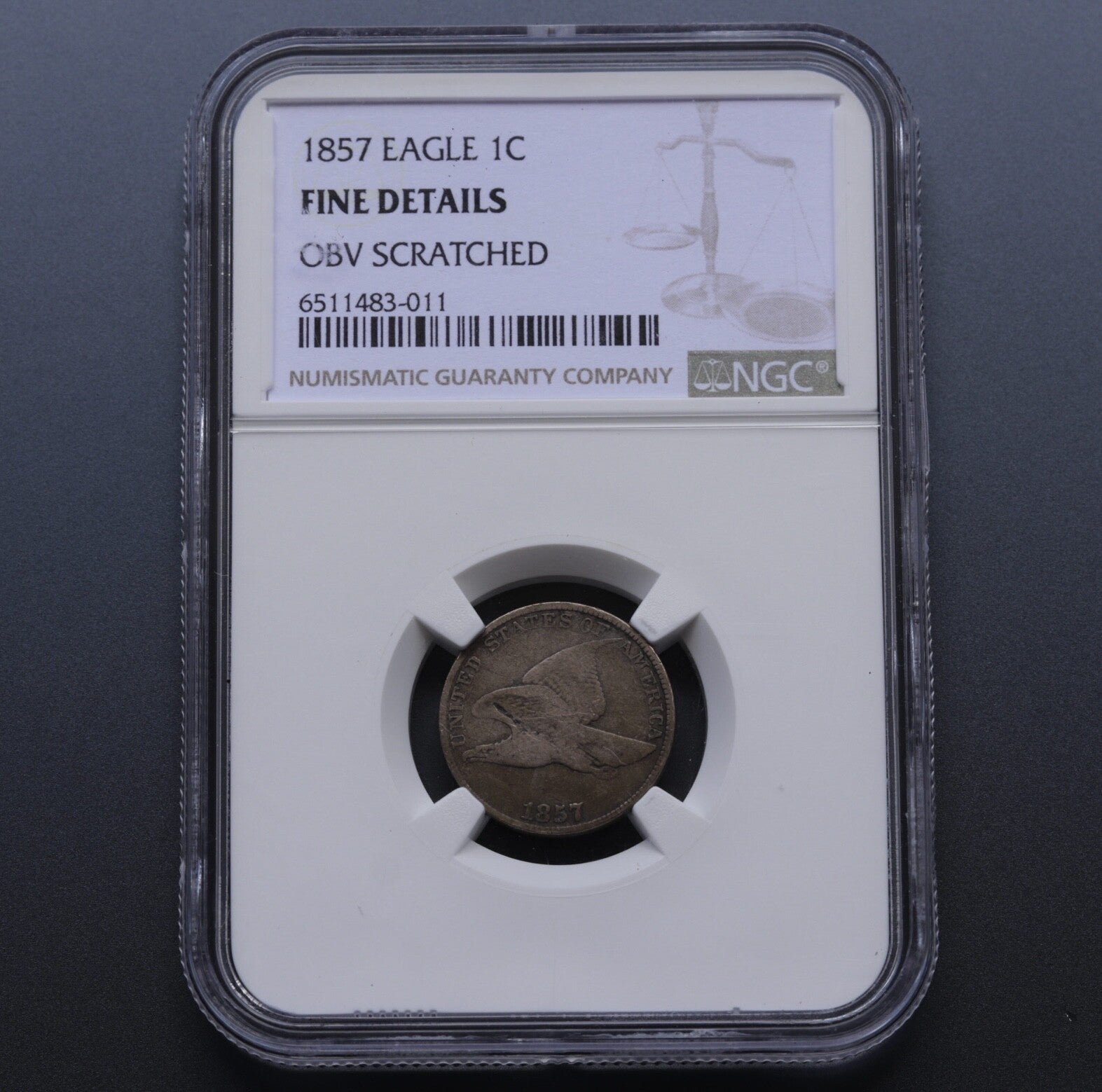 1857 Flying Eagle Cent NGC Fine Details Obv Scratched Small Cent 1C Coin