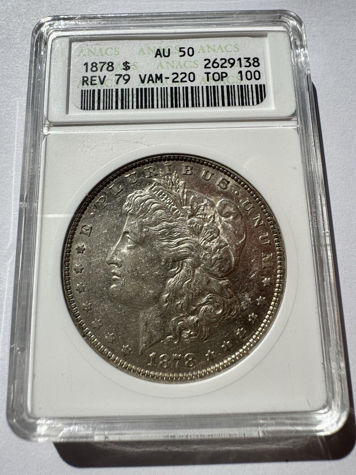 1878 Rev 79 Morgan Silver Dollar VAM‑220 TOP 100 AU50 ANACS Soapbox Certified
