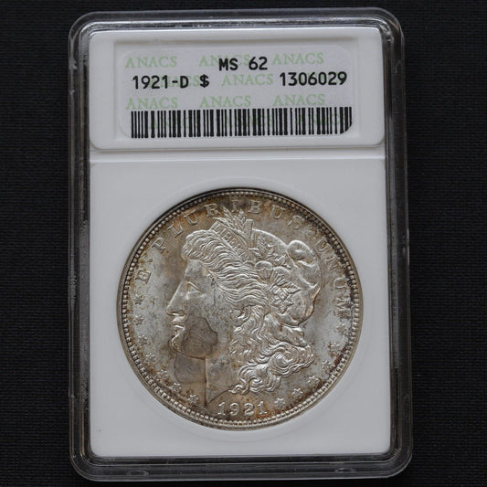 1921-D Morgan Dollar ANACS MS62 • Vintage Soapbox Holder • Last-Year Issue