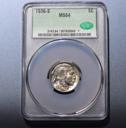 1936-S Buffalo Nickel 5C CAC MS64 Choice Gem San Francisco