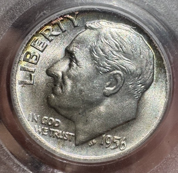 1956-D Roosevelt Dime PCGS MS66 • Reverse Rainbow Toning