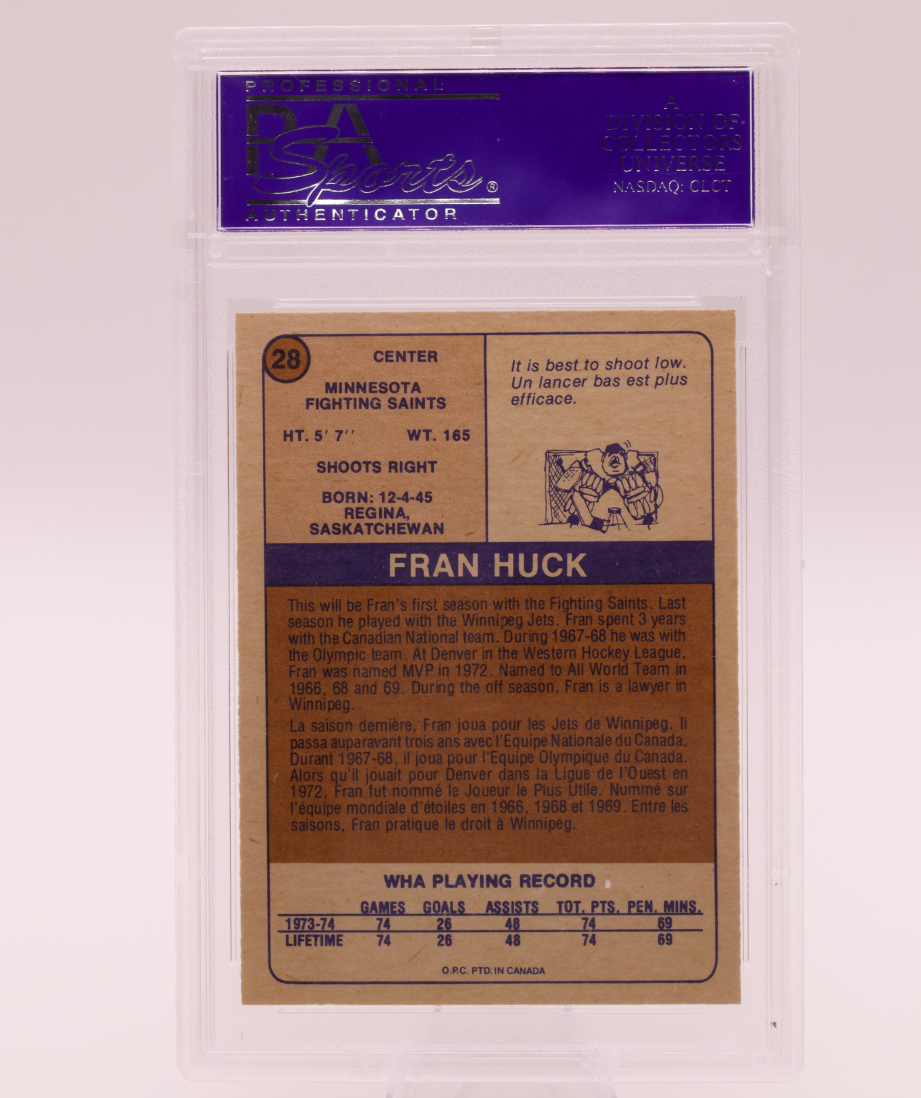 1974 O-Pee-Chee WHA #28 Fran Huck PSA 8 NM-MT Minnesota Fighting Saints