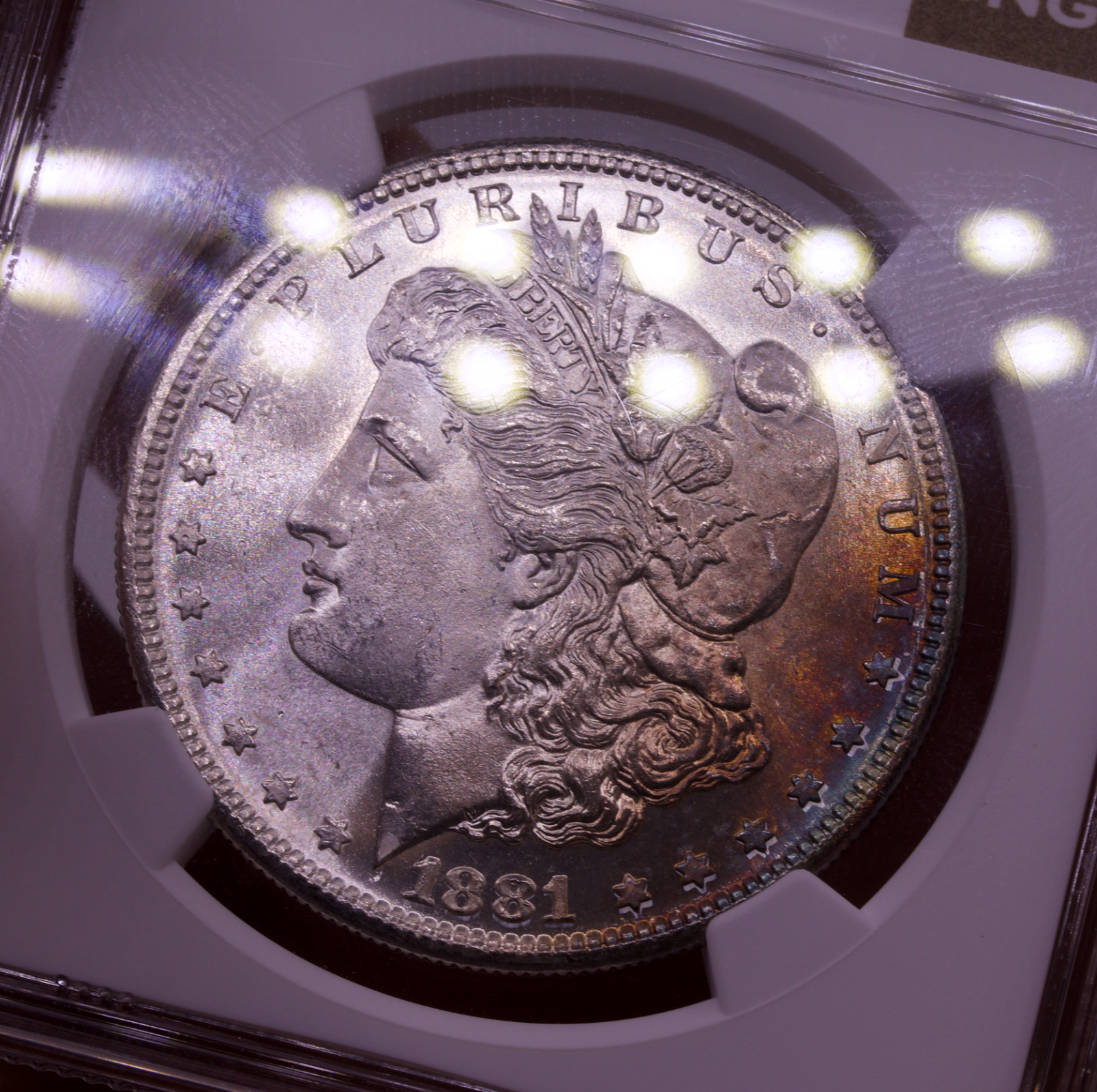 1881-S Morgan Dollar NGC MS64 Blast White Obverse Rainbow Rim Reverse Toned