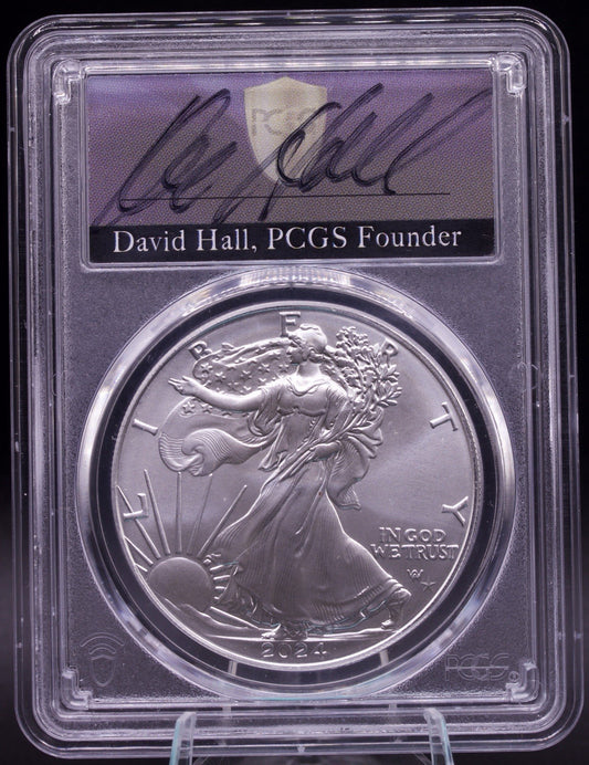 PCGS Founder David Hall Signed 2024 Silver Eagle Star Privy Philadelphia MS70