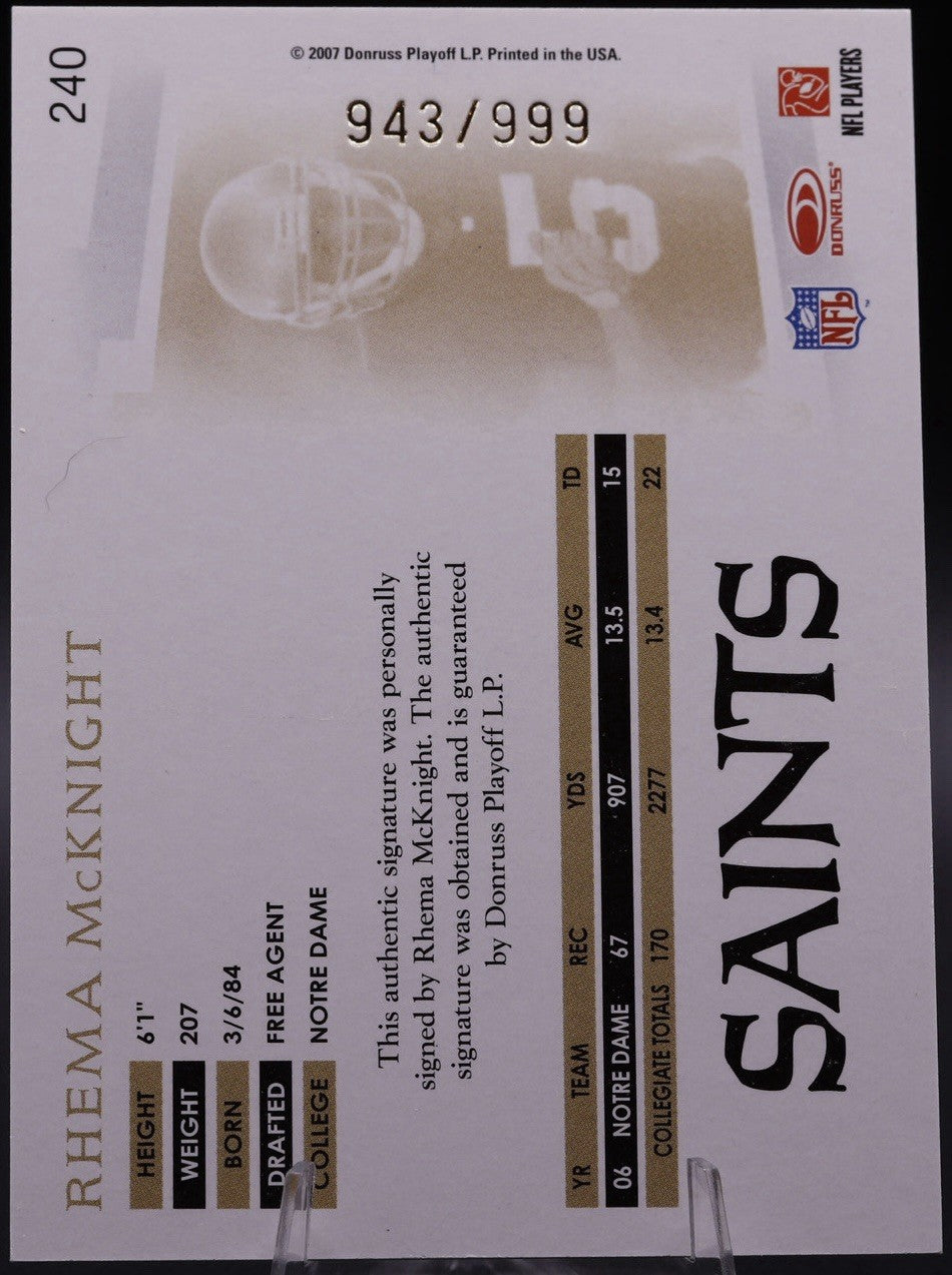 2007 Donruss Threads RHEMA McKNIGHT Rookie Auto /999 • Notre Dame WR • Saints