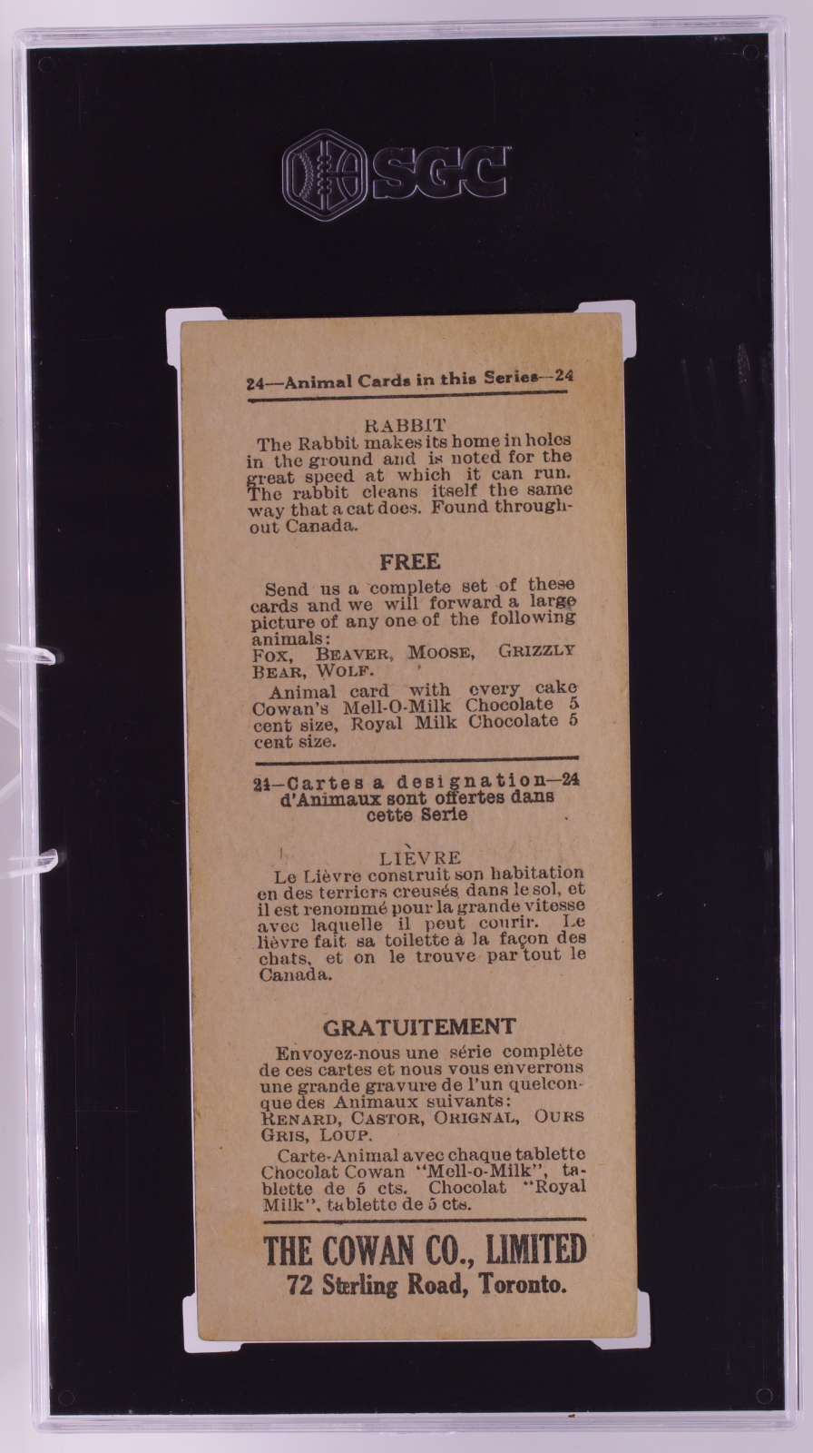 1920 V2 Cowan Co. Animal Cards #7 Rabbit SGC 3 VG Mell-O-Milk Chocolate Card