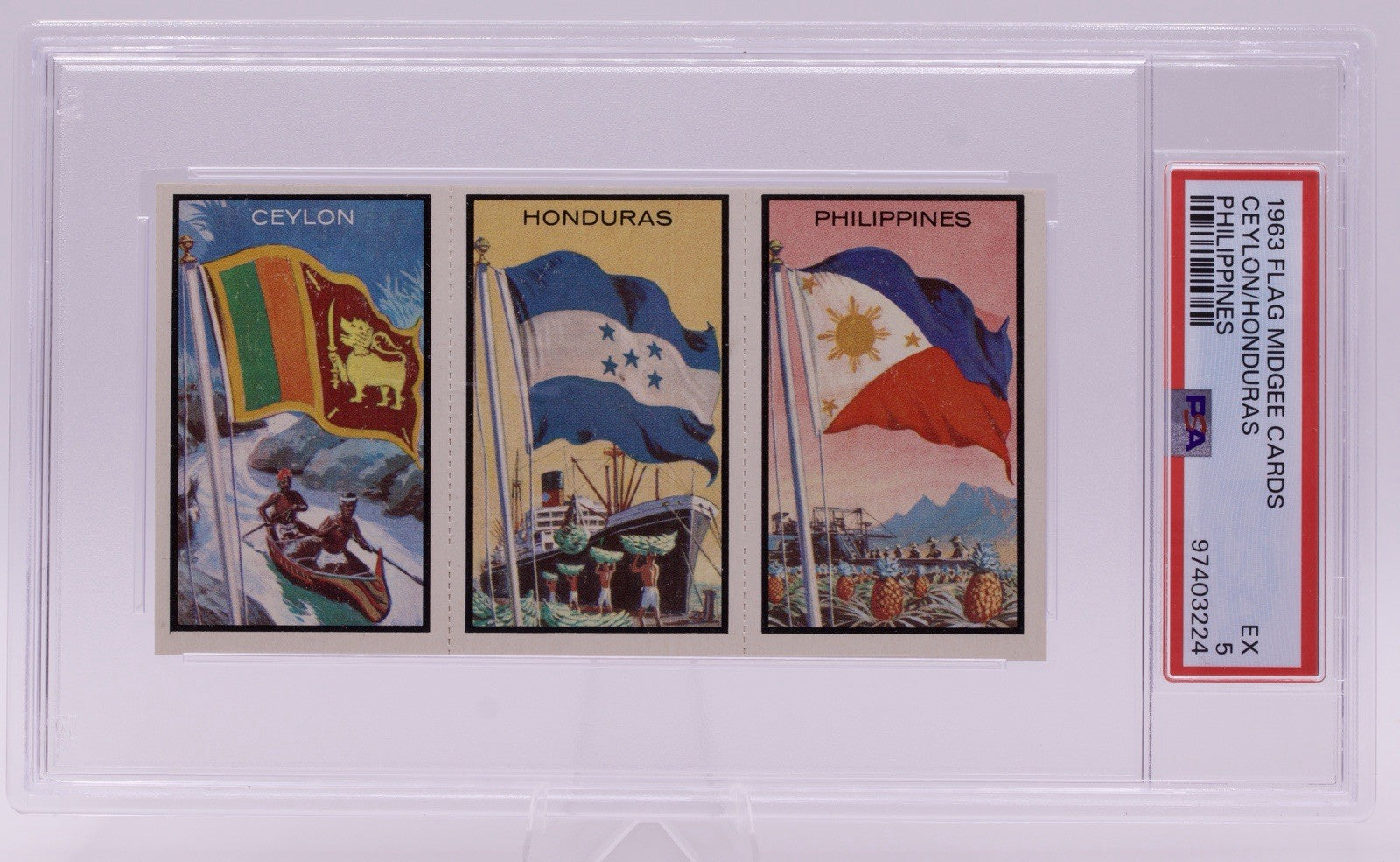 1963 Flag Midgee Cards Ceylon Honduras Philippines PSA EX 5 Vintage Strip