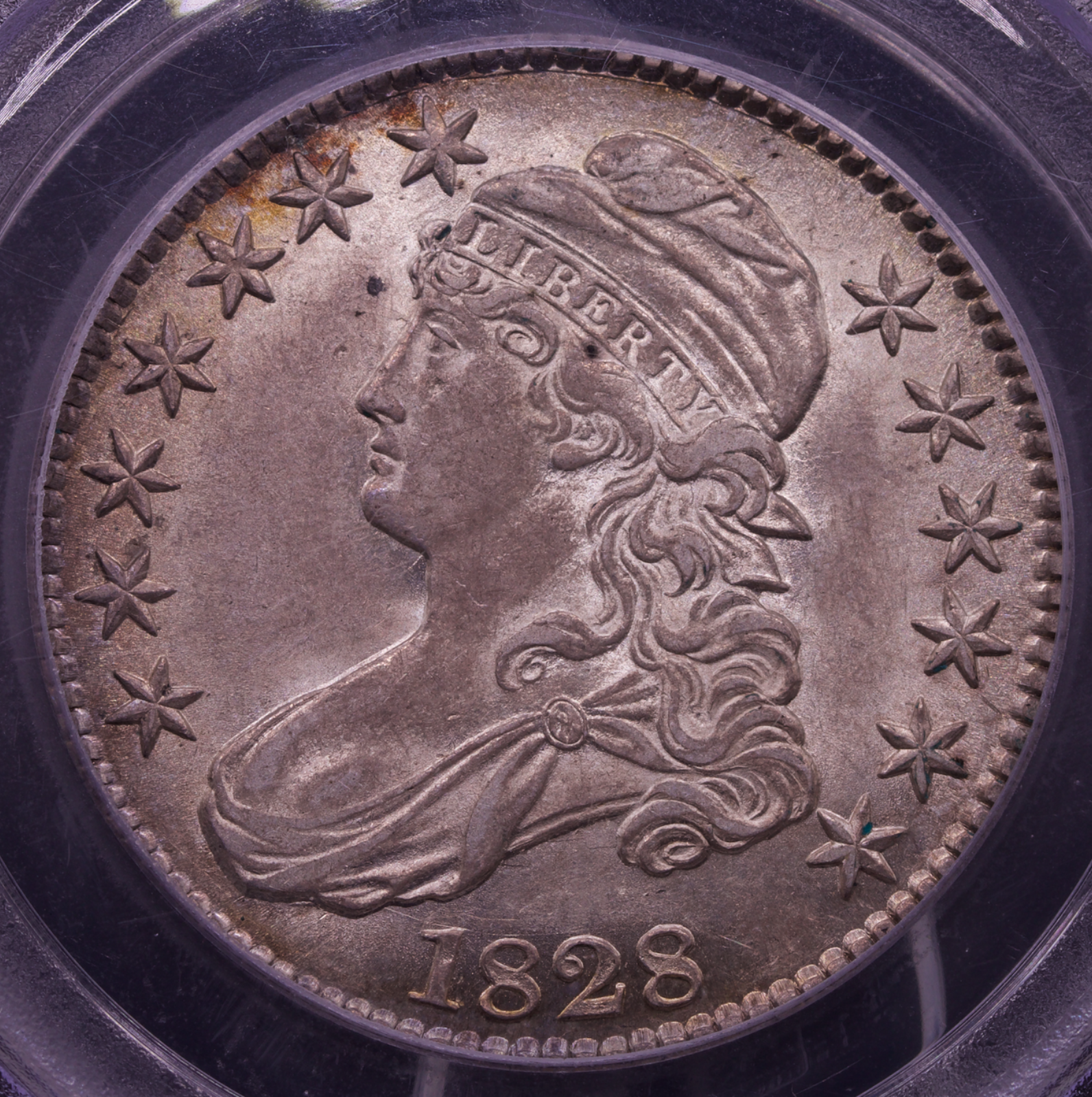 1828 Capped Bust Half Dollar PCGS AU55 Sq Base 2, Sm 8, Lg Let
