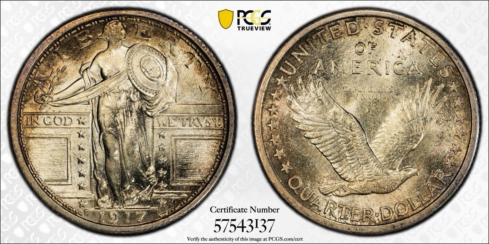 1917 Type 1 Standing Liberty Quarter PCGS MS66+ FH Light Golden Toned