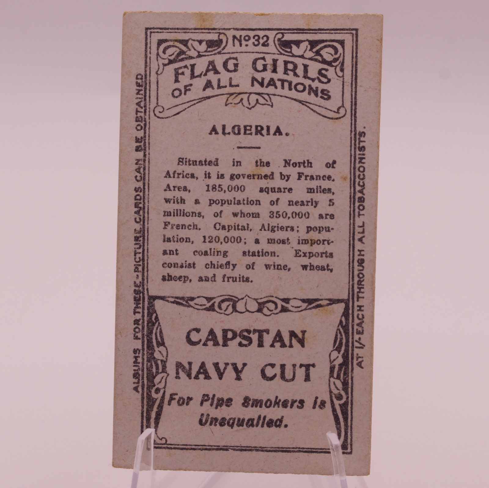 1908 Wills Flag Girls of All Nations #32 ALGERIA Capstan Navy Cut Tobacco Card