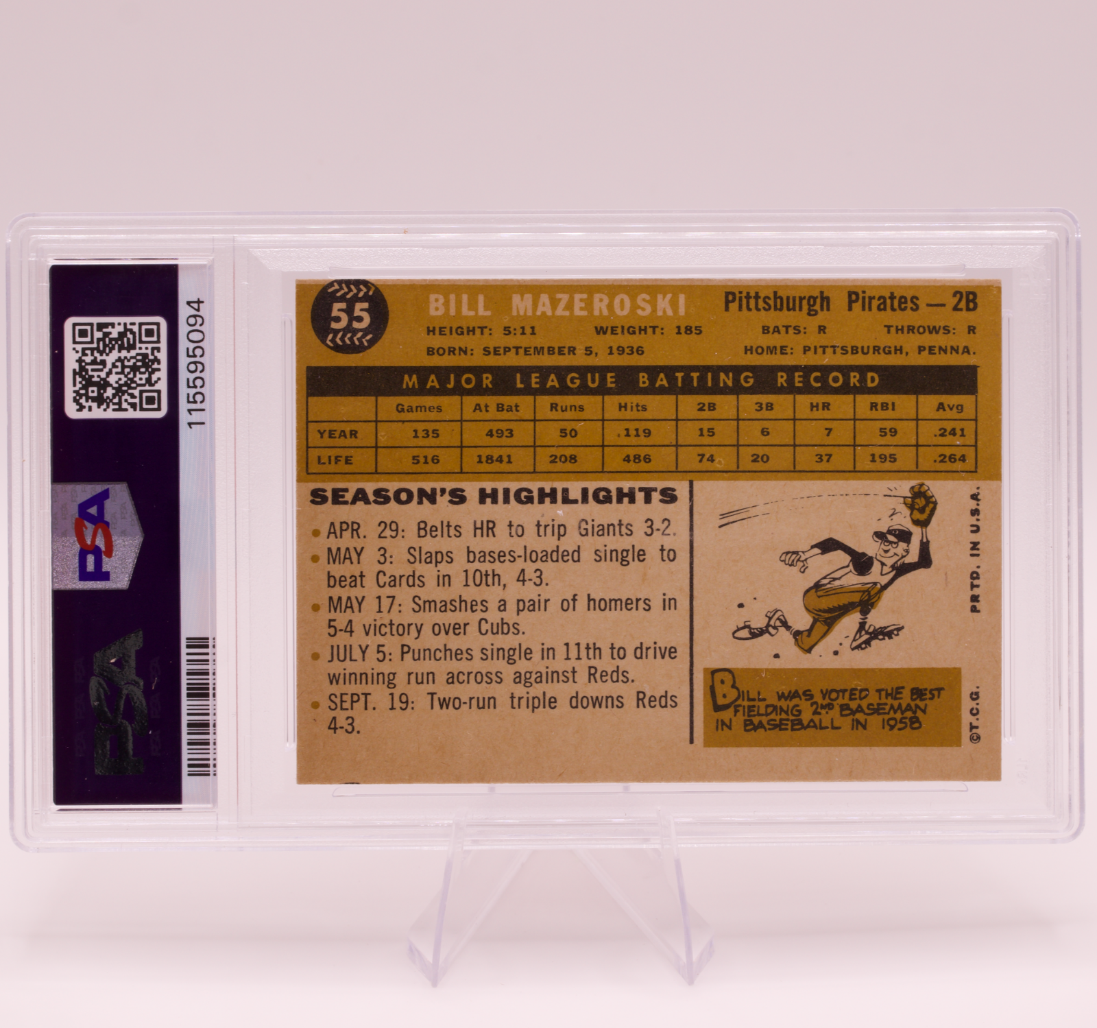1960 Topps Bill Mazeroski #55 PSA 8 OC NM-MT Pittsburgh Pirates Baseball
