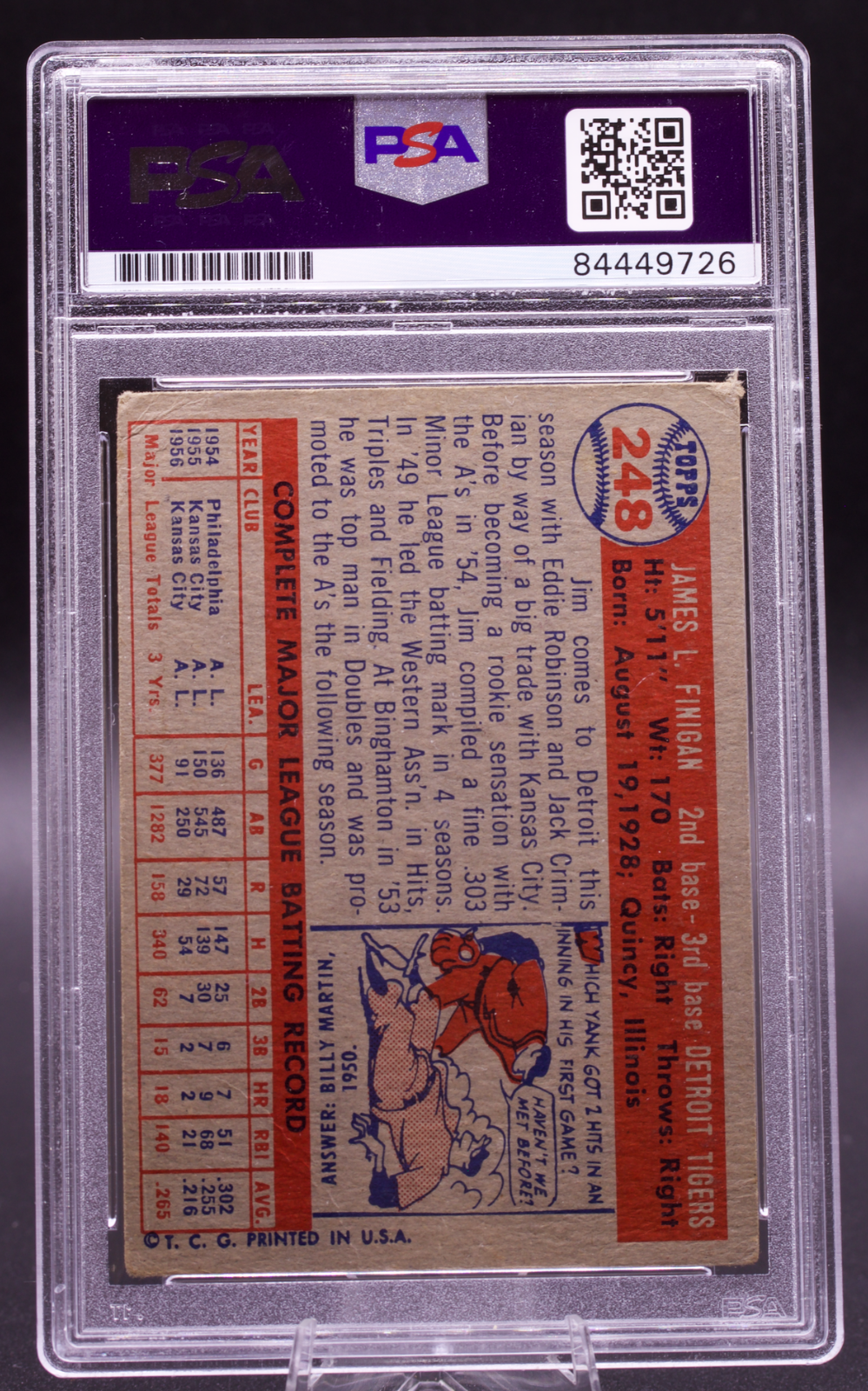1957 Topps Jim Finigan #248 PSA Authentic Auto Signed Detroit Tigers Vintage
