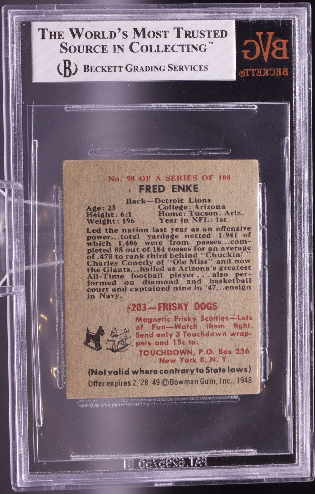 1948 Bowman Football #98 Fred Enke Rookie RC BVG 3.5 VG+ Detroit Lions