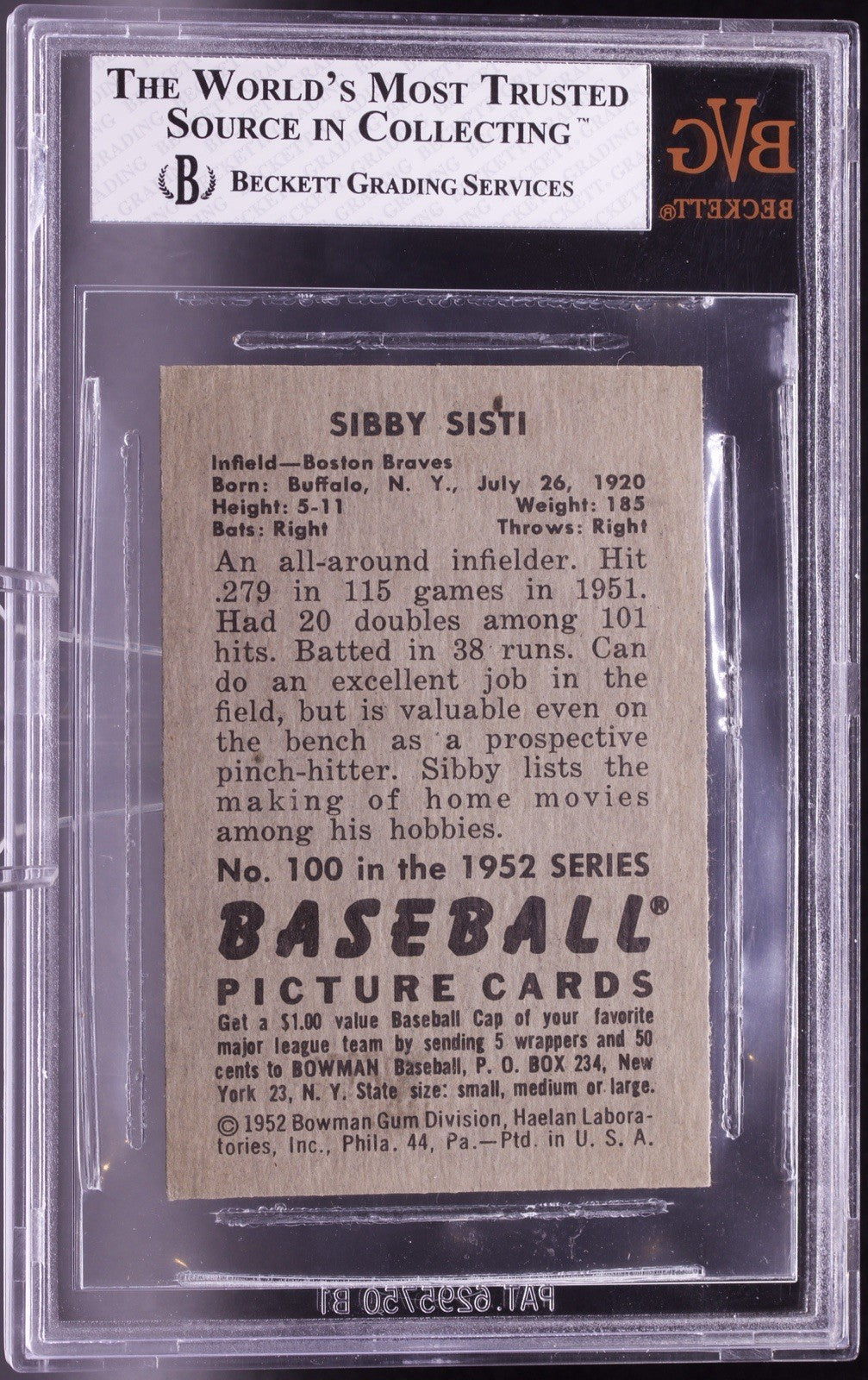1952 Bowman #100 Sibby Sisti BVG 8 NM-MT High Grade Boston Braves Rare