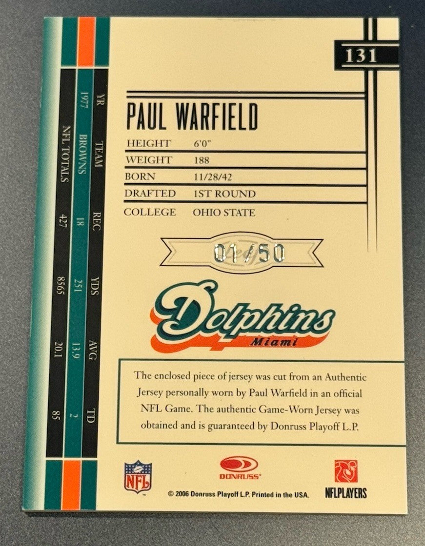 2006 Leaf Limited Paul Warfield Game-Worn Jersey /50 Dolphins • HOF WR