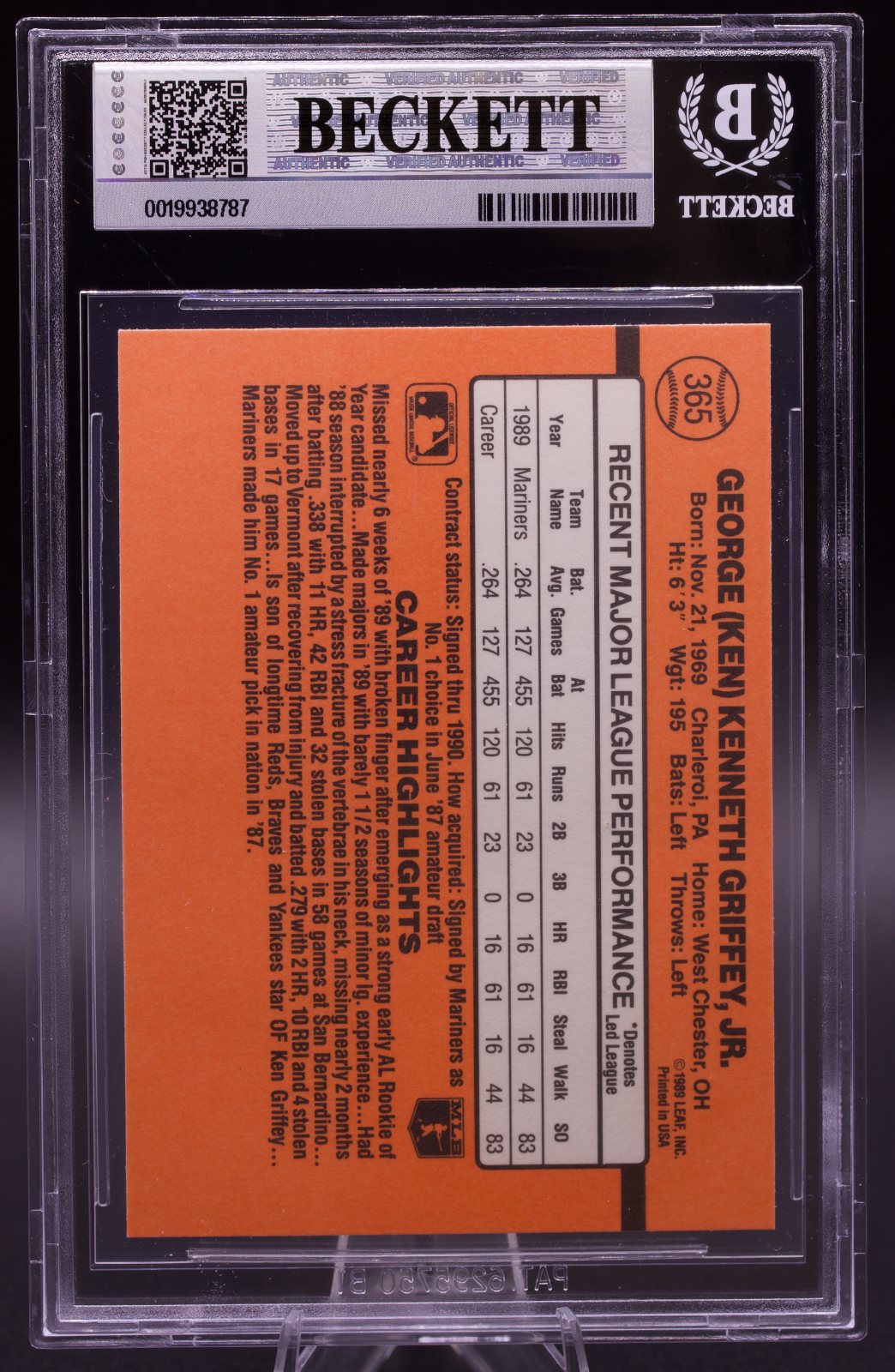 1990 Donruss Ken Griffey Jr #365 Beckett BGS 9 Mint Seattle Mariners Vintage