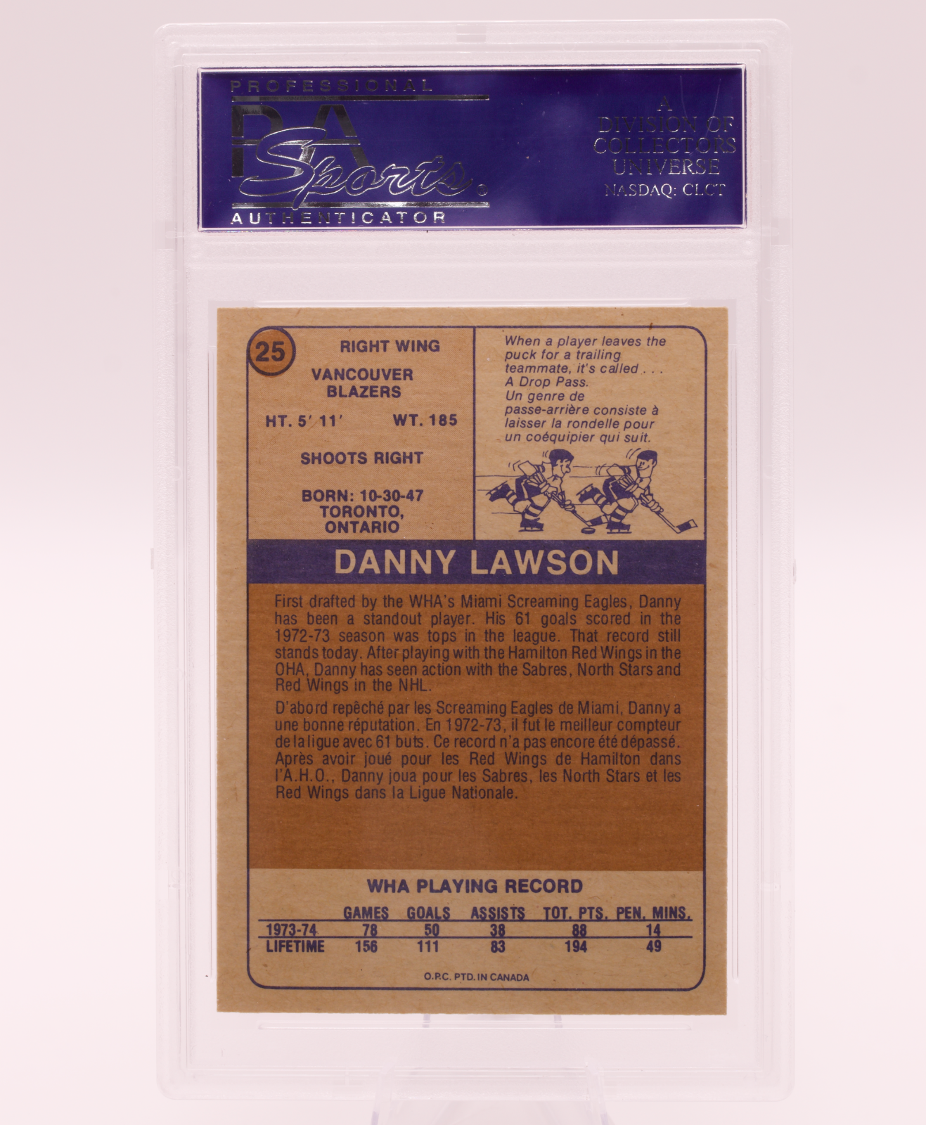 1974 O-Pee-Chee WHA Danny Lawson #25 PSA 8 NM-MT Vancouver Blazers Vintage OPC