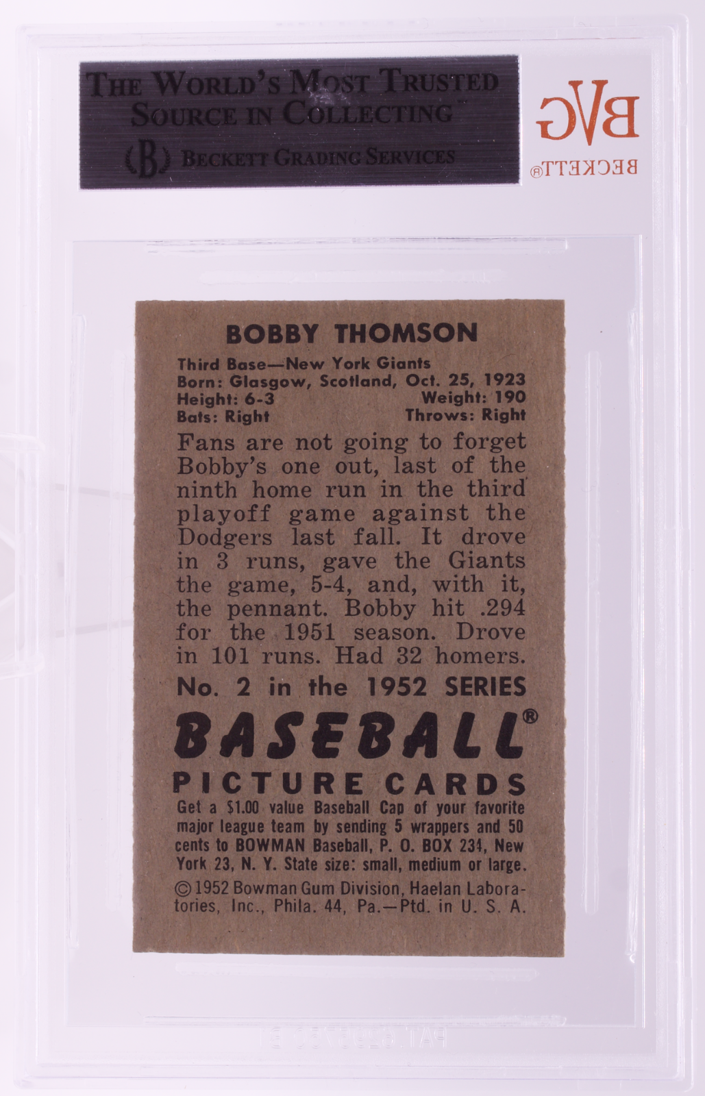 1952 Bowman #2 Bobby Thomson BVG 8.5 NM-MT+ High Grade NY Giants Rare
