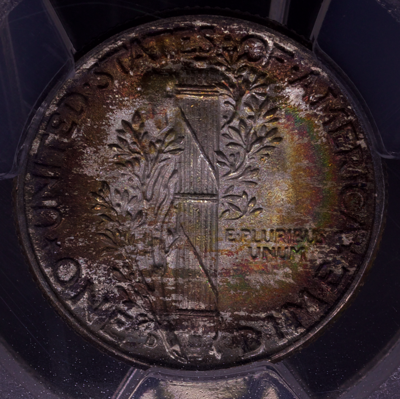 1945-D Mercury Dime PCGS MS67+ FB Full Bands Rainbow Toned Superb Gem Plus