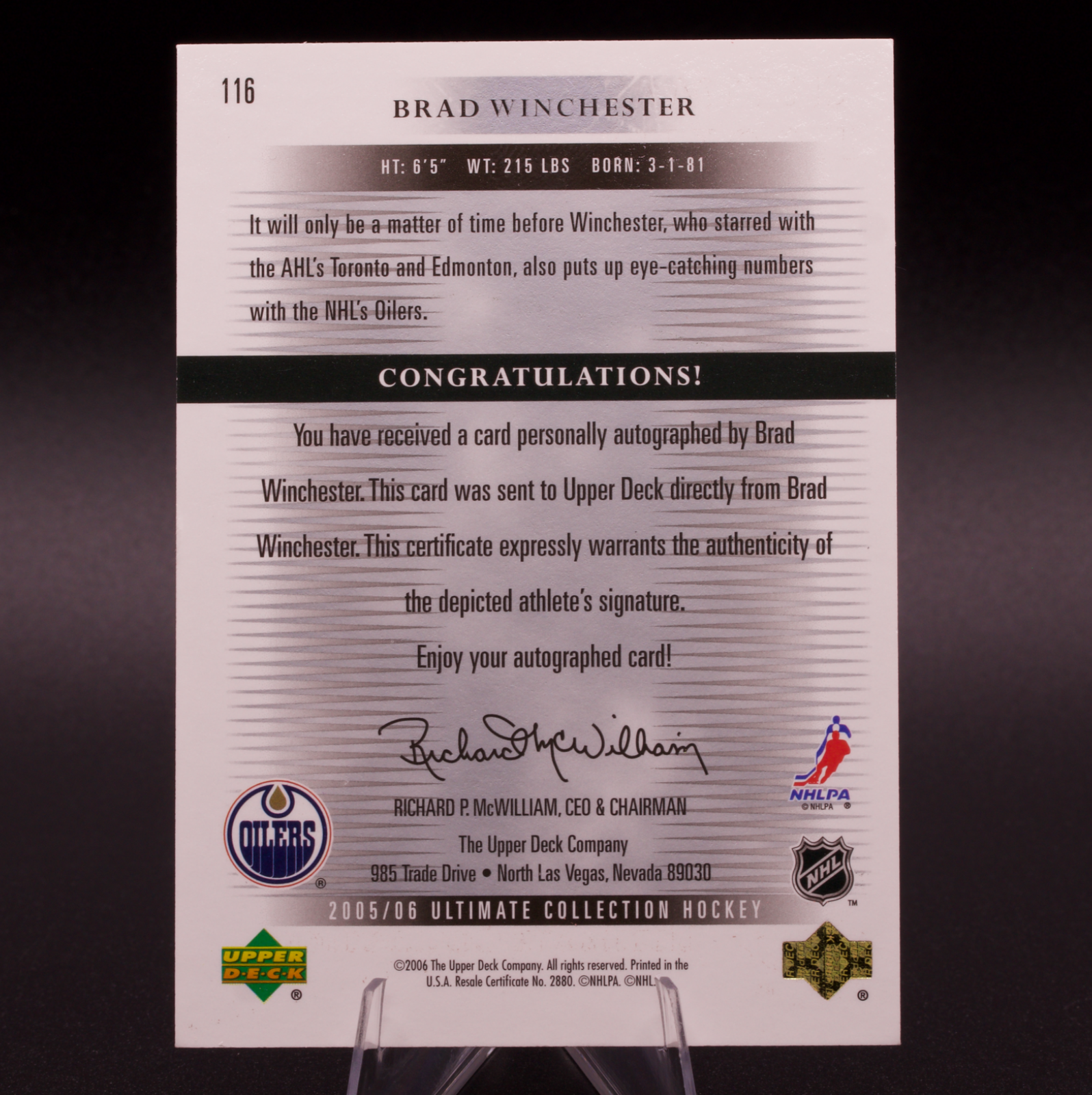 2005-06 UD Ultimate Collection Brad Winchester Rookie Auto /399 Edmonton Oilers