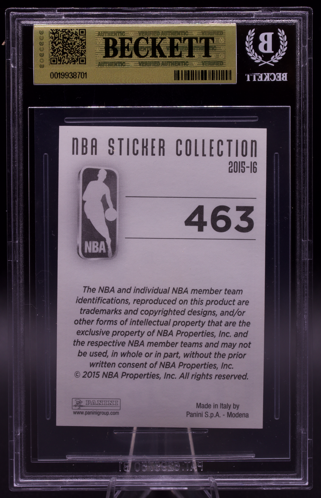 2015-16 Panini European Sticker Kobe Bryant #463 Beckett BGS 9.5 Gem Mint Lakers
