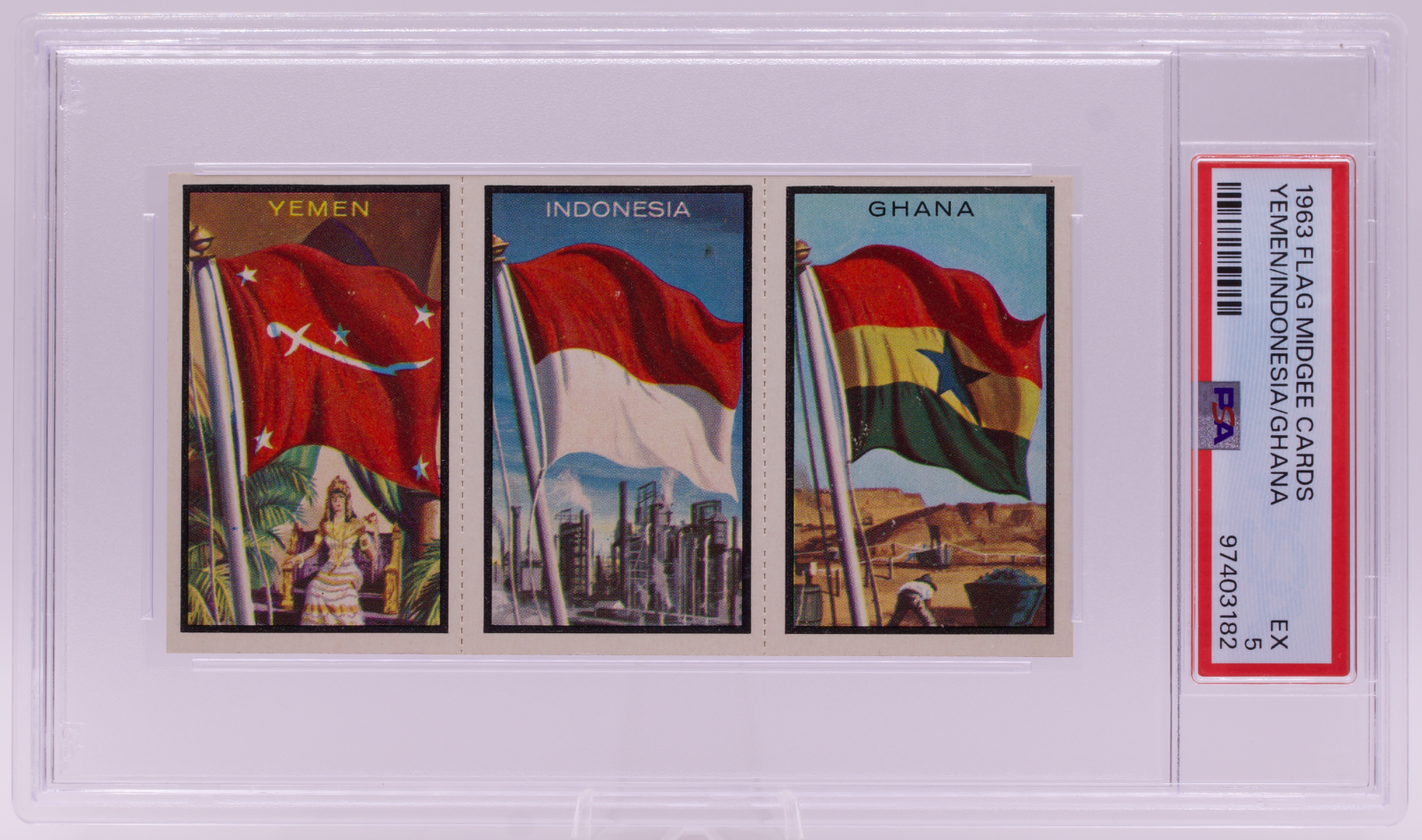 Flag Midgee 1963 Yemen/Indonesia/Ghana 3-Card Strip PSA 5 EX Vintage